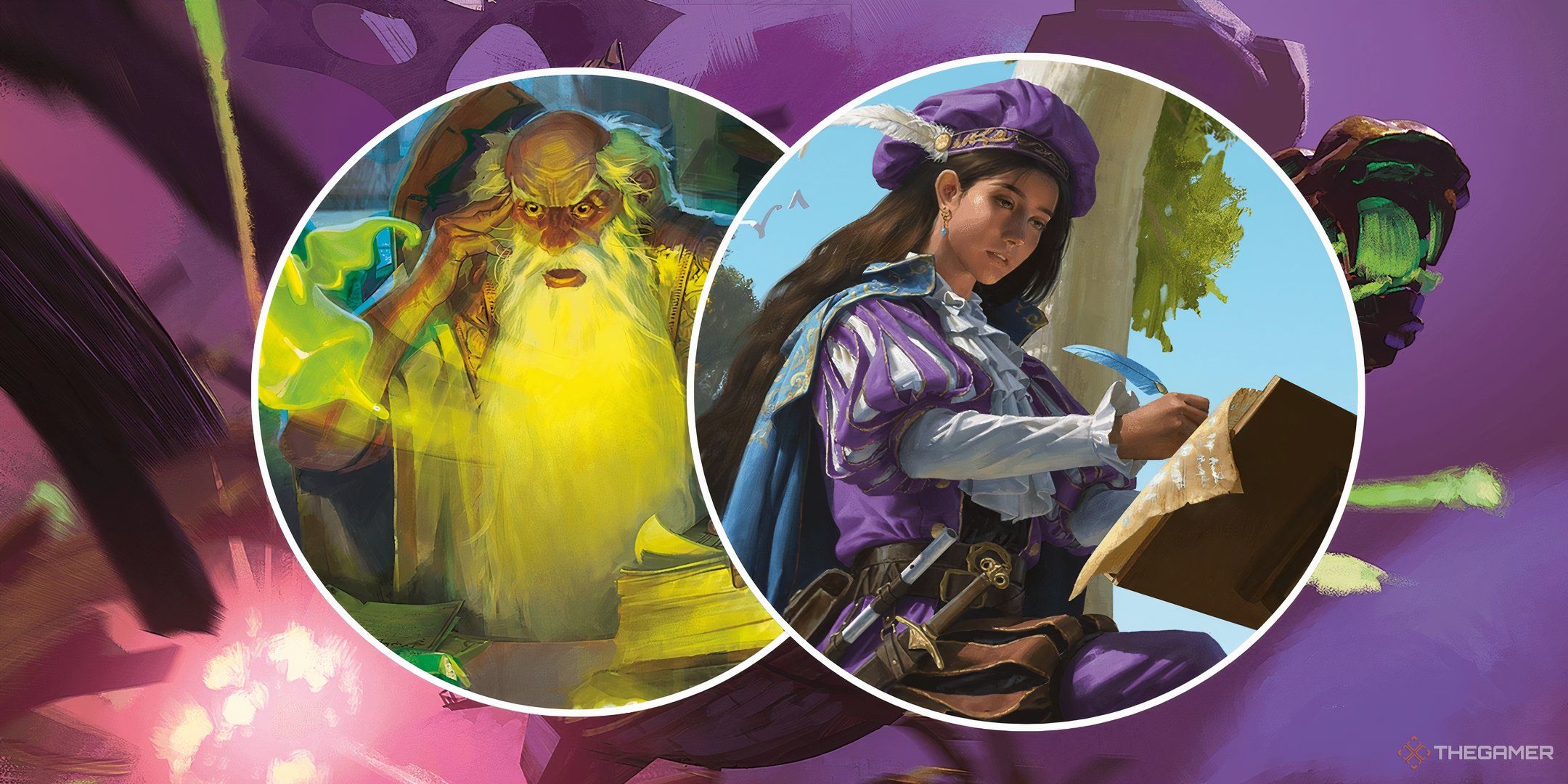 A bard and a wizard in a split image with one another against a purple backdrop in DND.