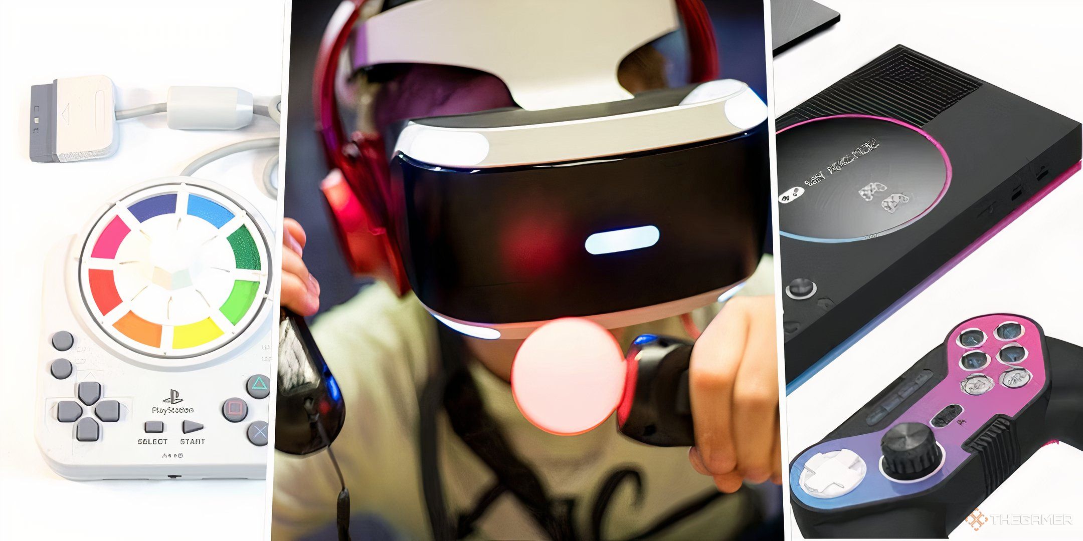 A split image of two outdated consoles and a VR headset.