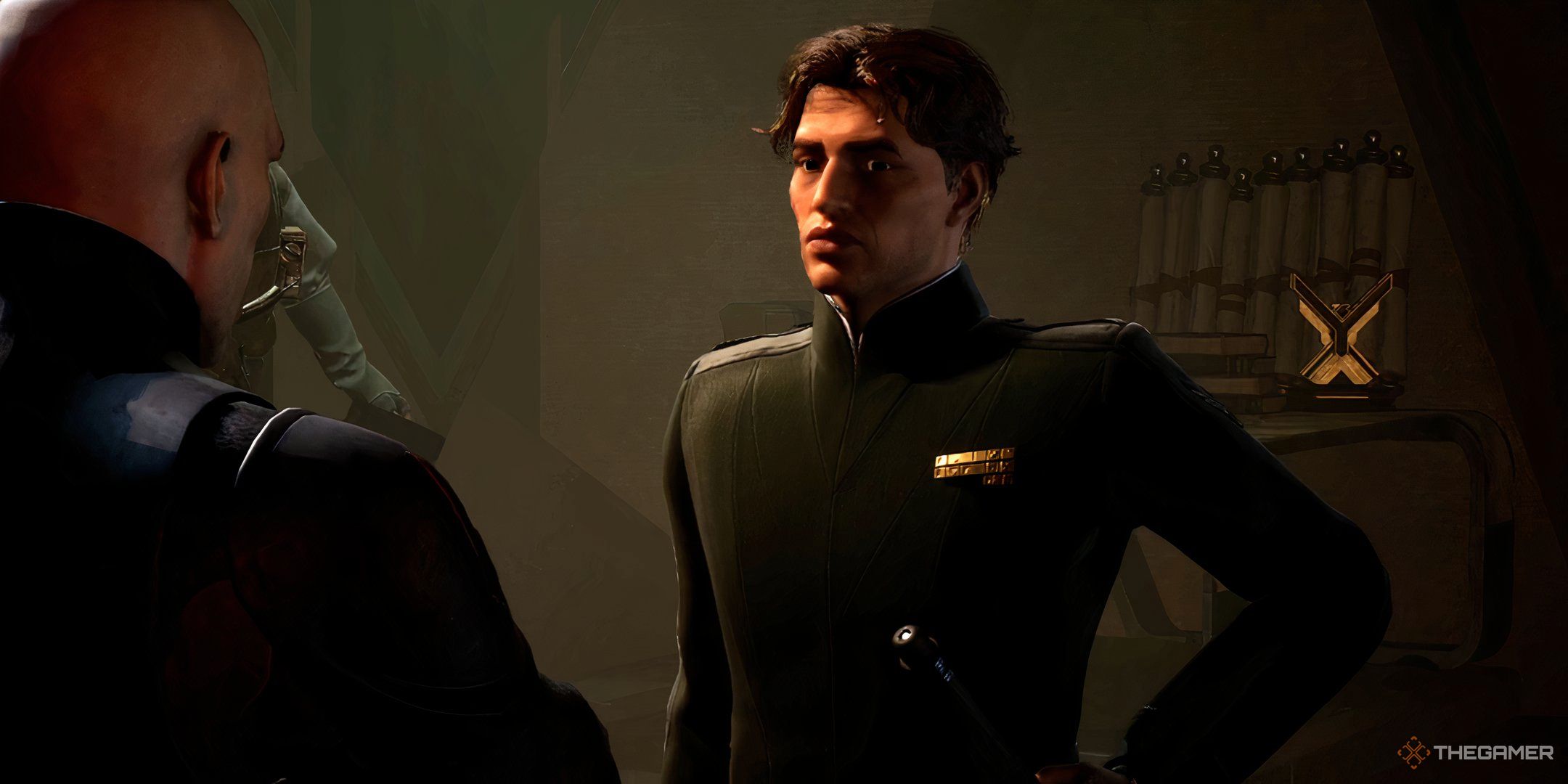 Anton Tolliver posturing for a Harkonnen envoy in Dune: Awakening.