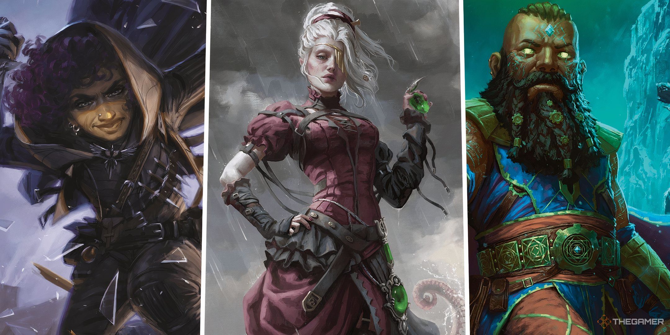 A split image of a rogue, warlock, and sorcerer in Dungeons & Dragons. 