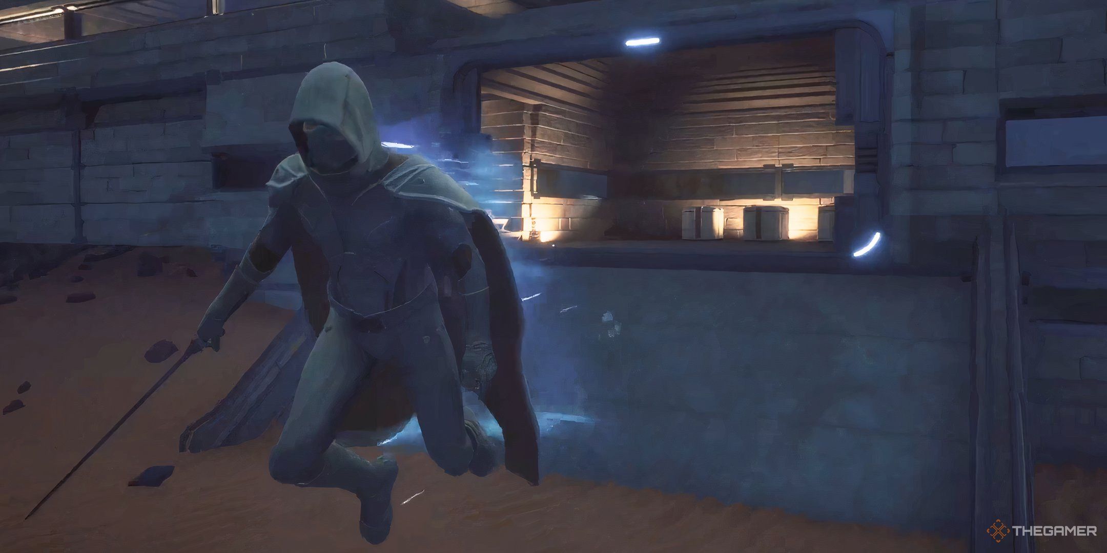 A player character in Dune: Awakening using a suspensor belt to float near their sub-fief.