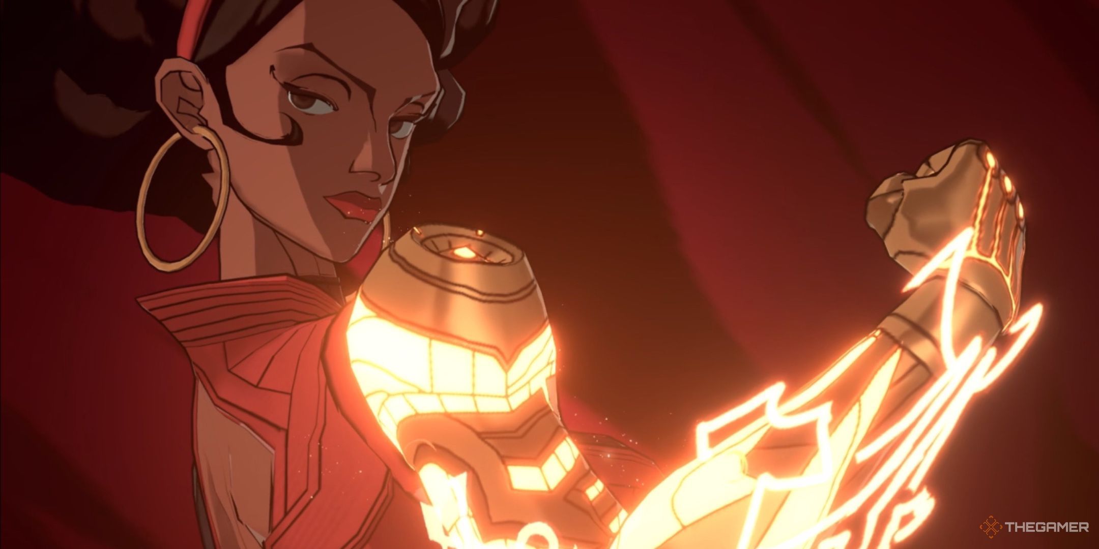 Misty Knight looks at us over her glowing metal arm in Marvel Mystic Mayhem.