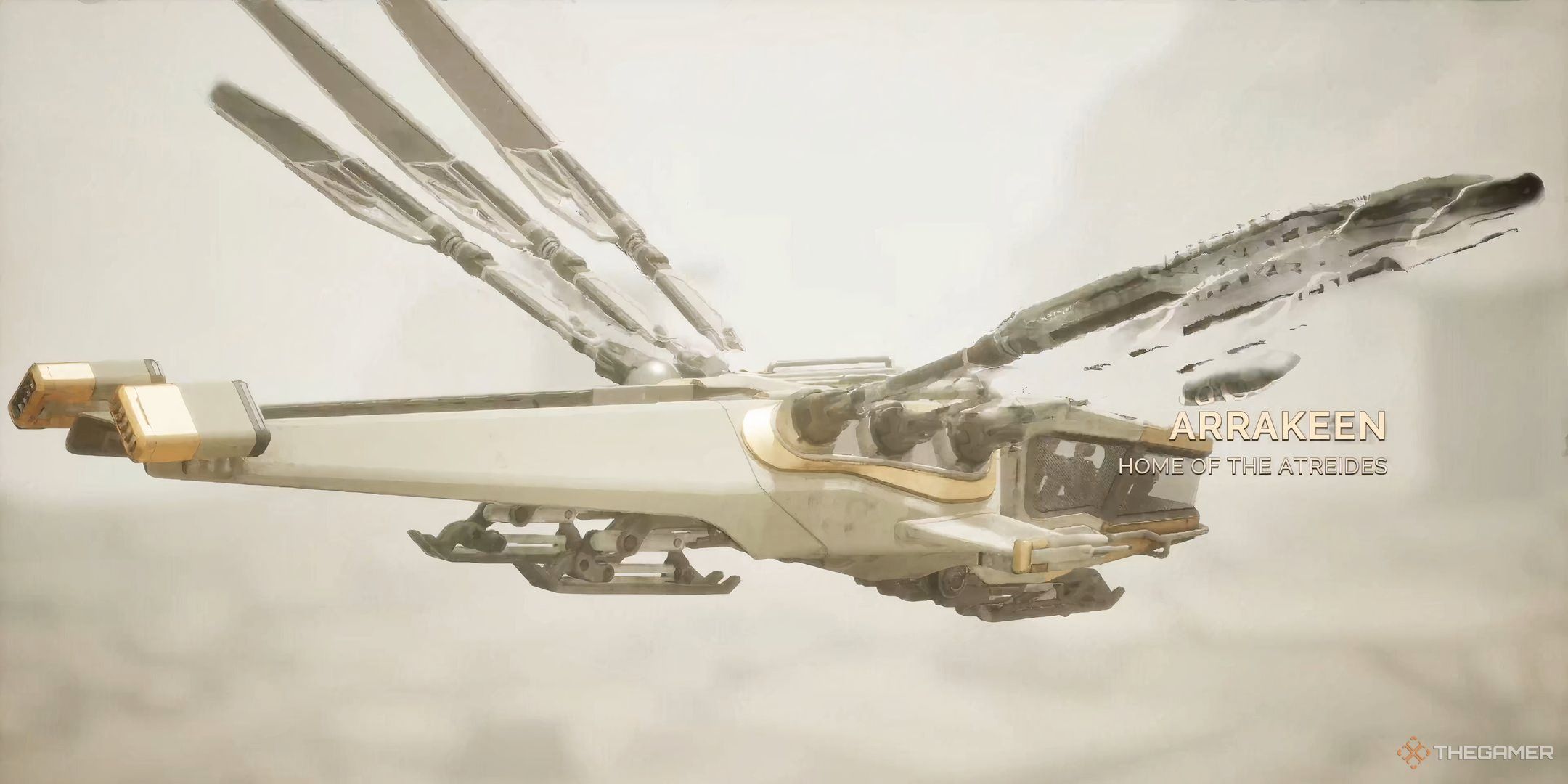 An ornithopter flies into Arrakeen in Dune: Awakening. 
