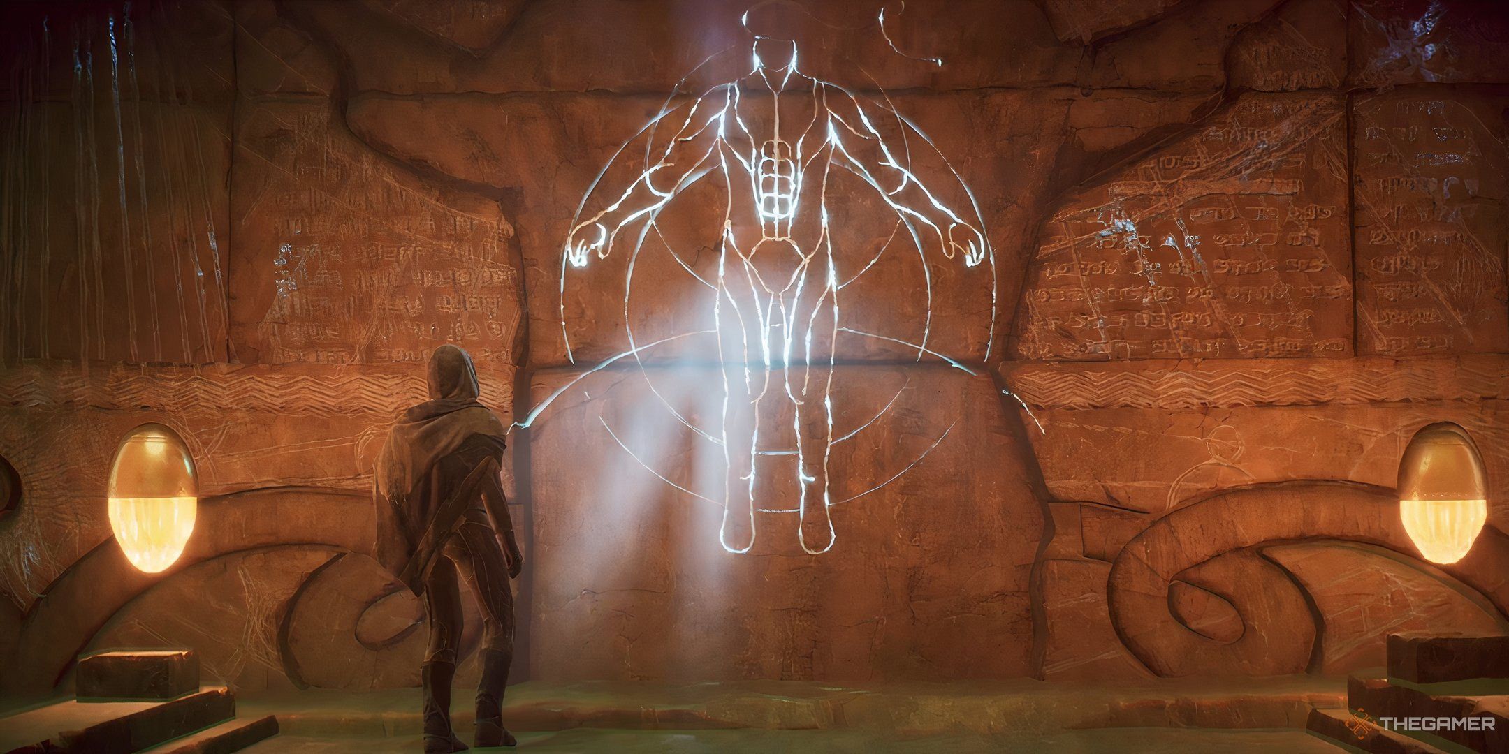 A player character stares at a glowing Fremen inscription in Dune: Awakening. 