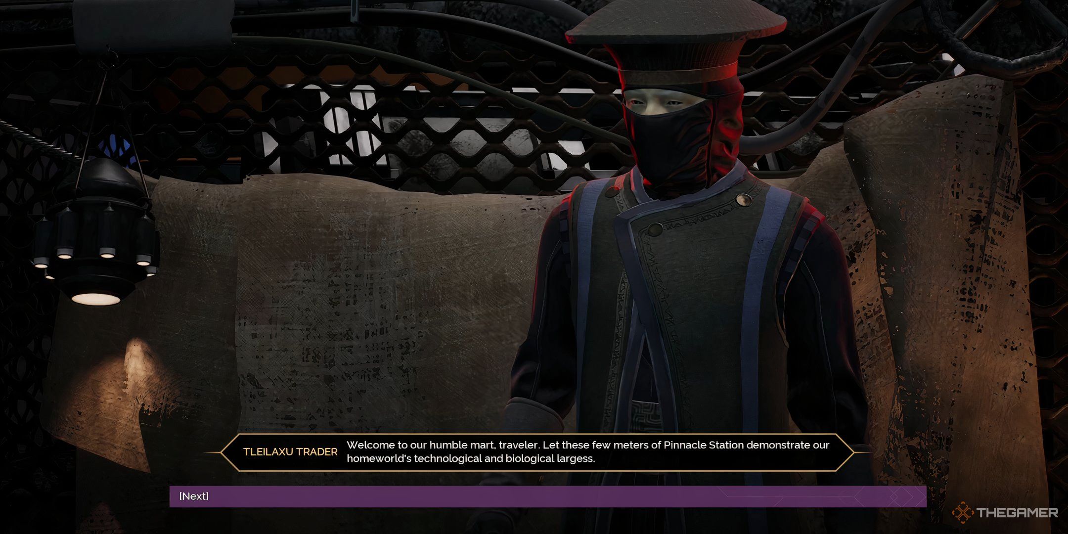 A robed trader in an outpost in Dune: Awakening. 