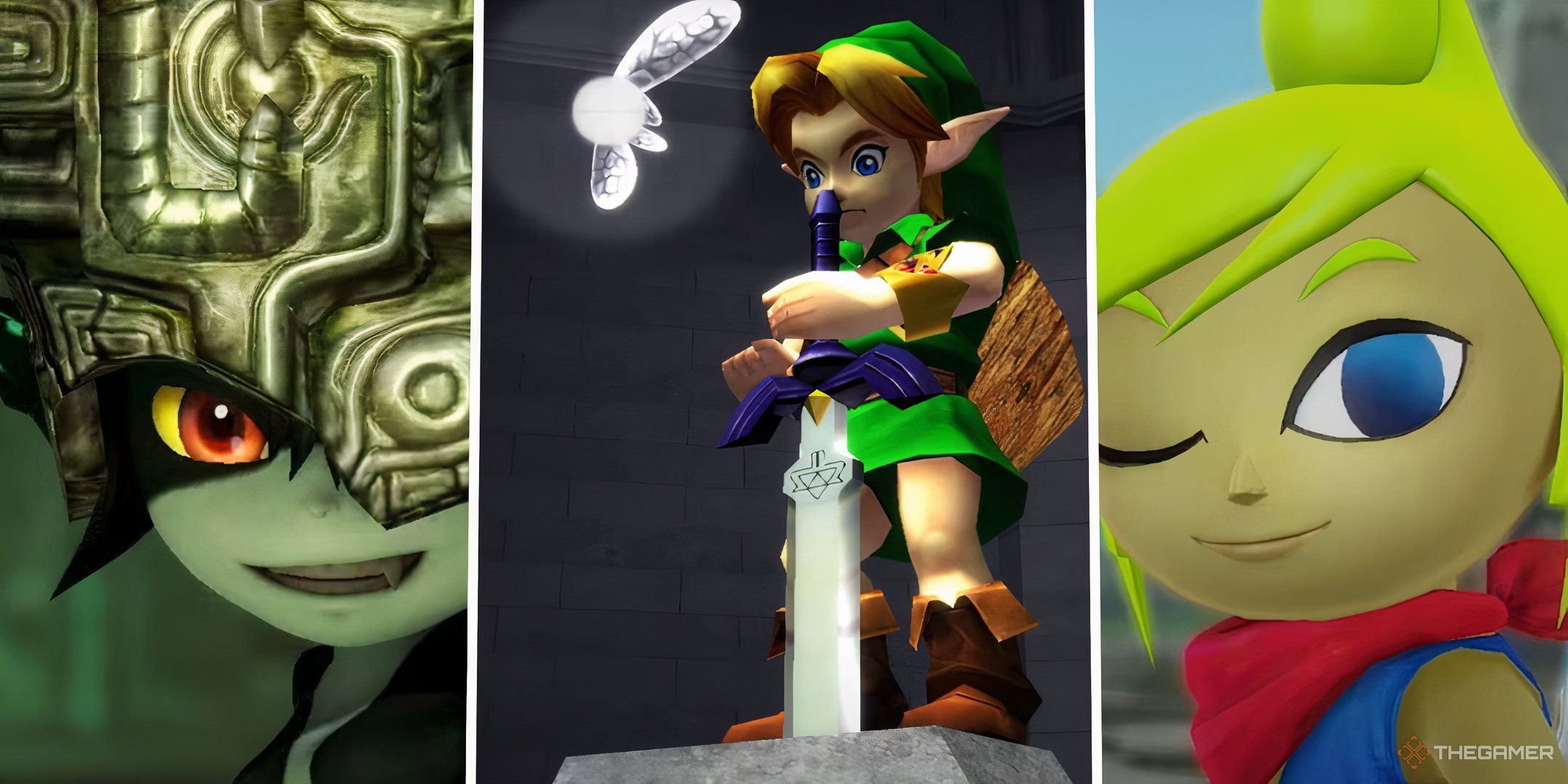 A split image of Midna, Tetra, and Navi from The Legend of Zelda games.