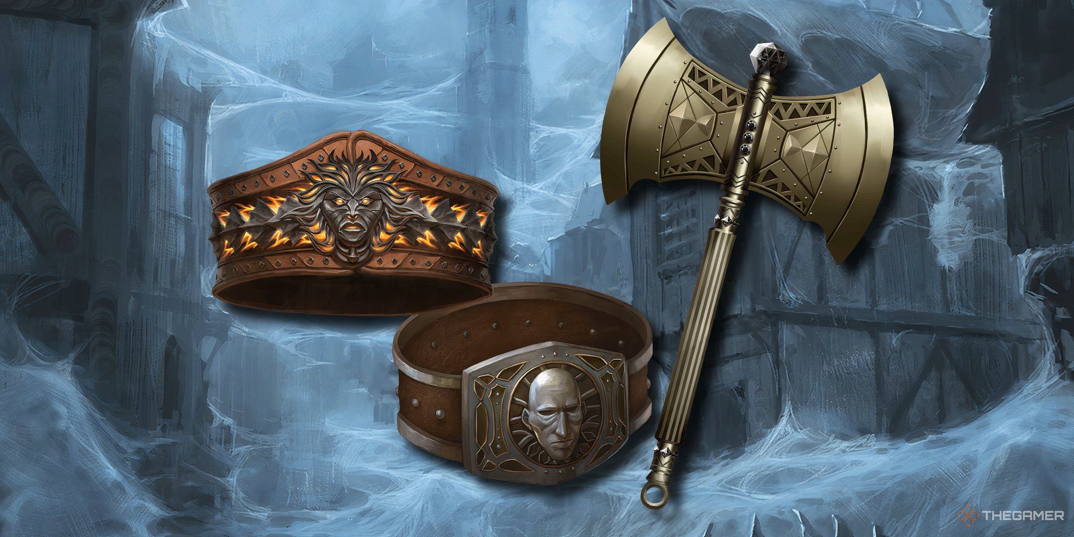 An axe and two dwarven belts against a backdrop of a cobwebbed town in DND.