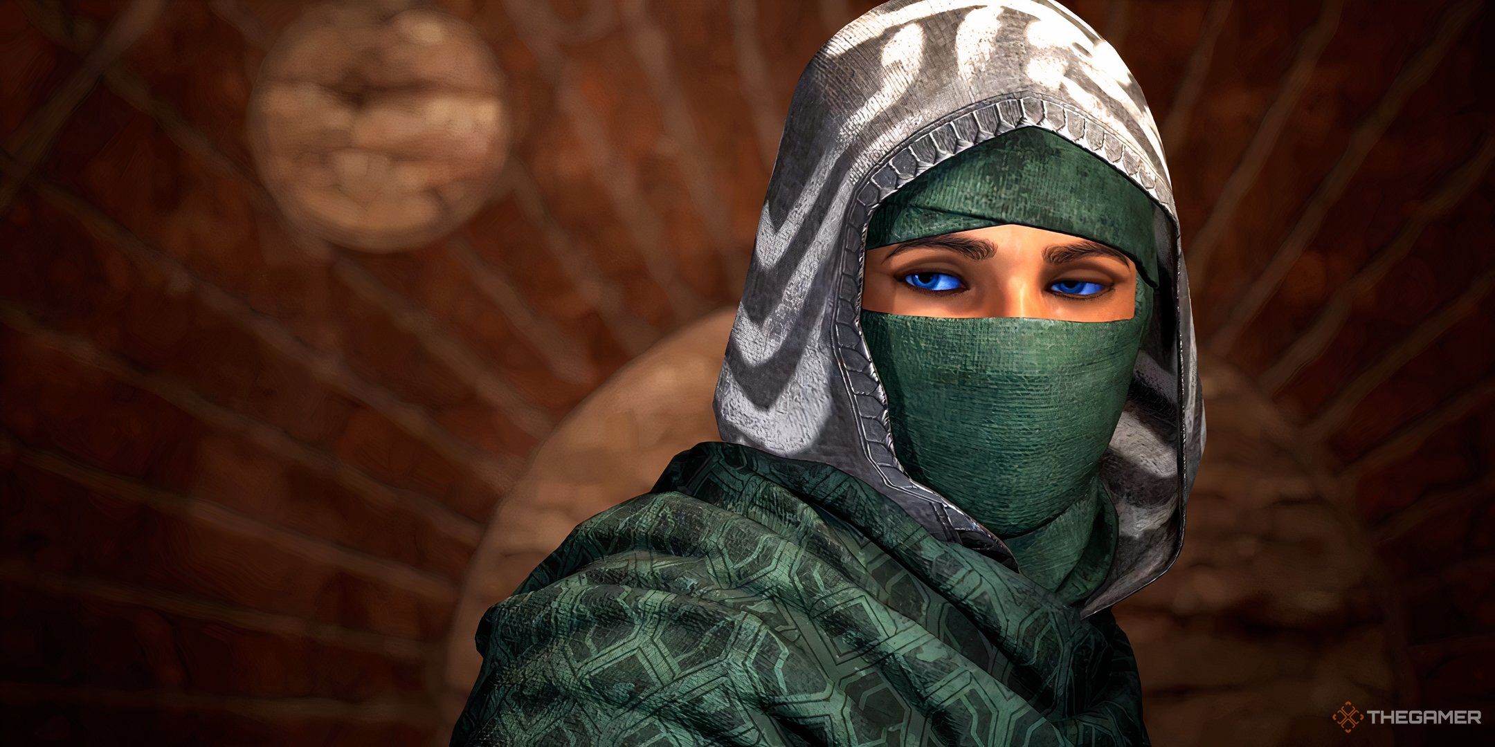 A Fremen woman in a headwrap in Dune: Awakening. 