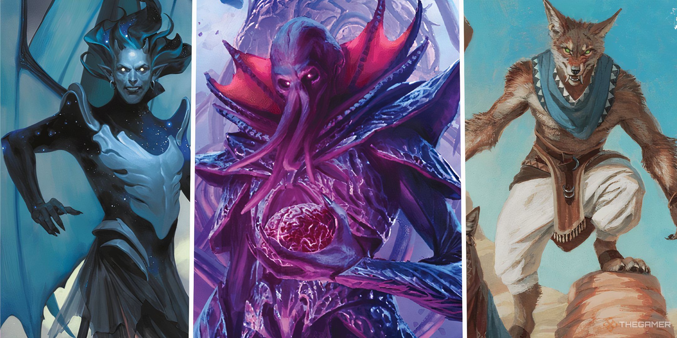 A split image of an incubi, a mind flayer, and a jackalwere in Dungeons & Dragons.