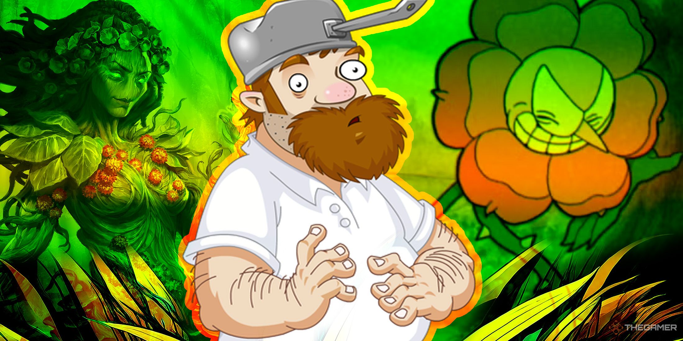 Crazy Dave from Plants versus Zombies, Cagney Carnation from Cuphead and Gaia from Age of Mythology - Retold.