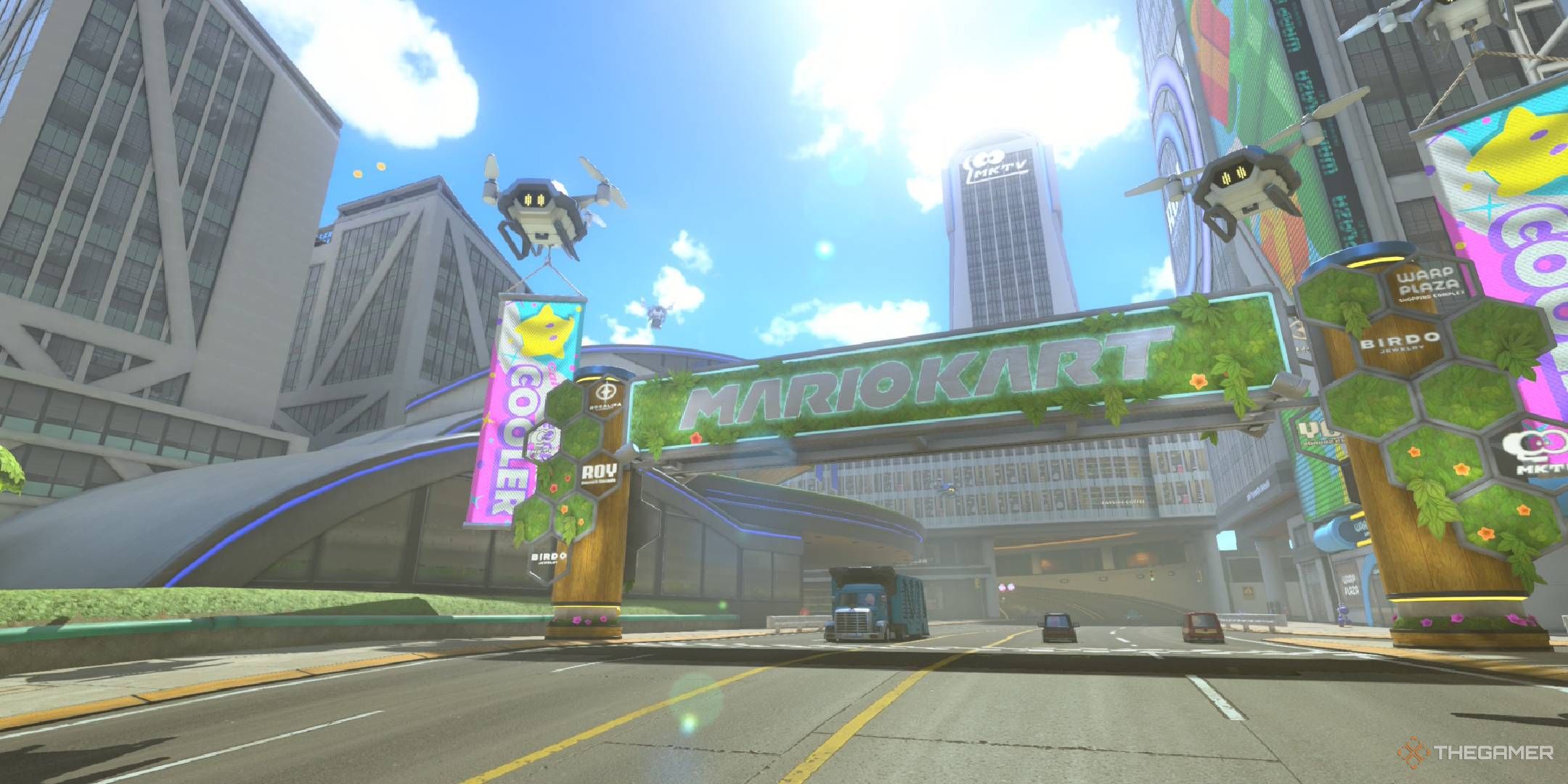 Crown City starting line with solarpunk style decoration and drones floating around the skyscrapers from Mario Kart World.