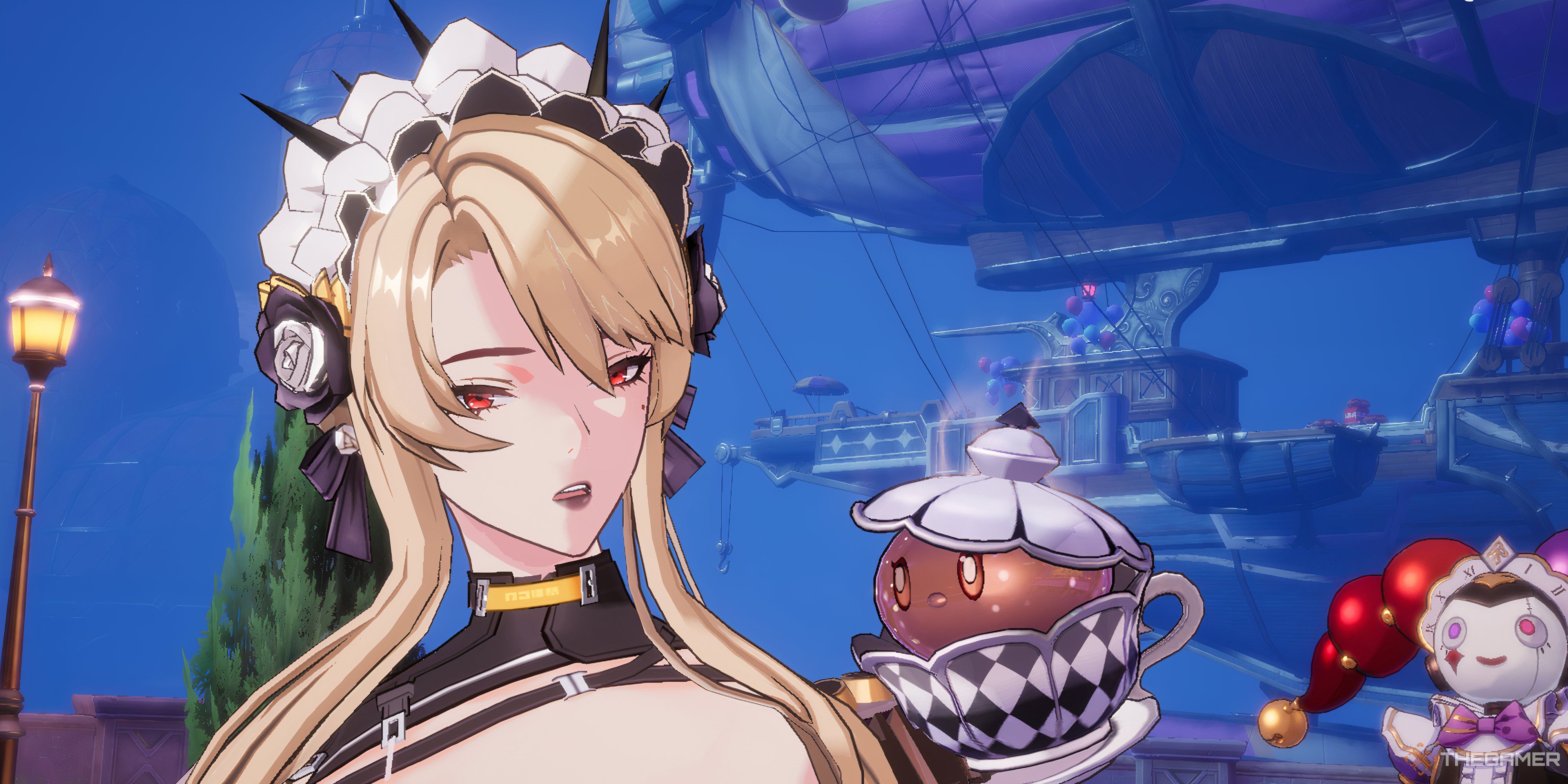 The figher class character of Crystal of Atlan with a tea cup on her right. Behind her is a flying boat.