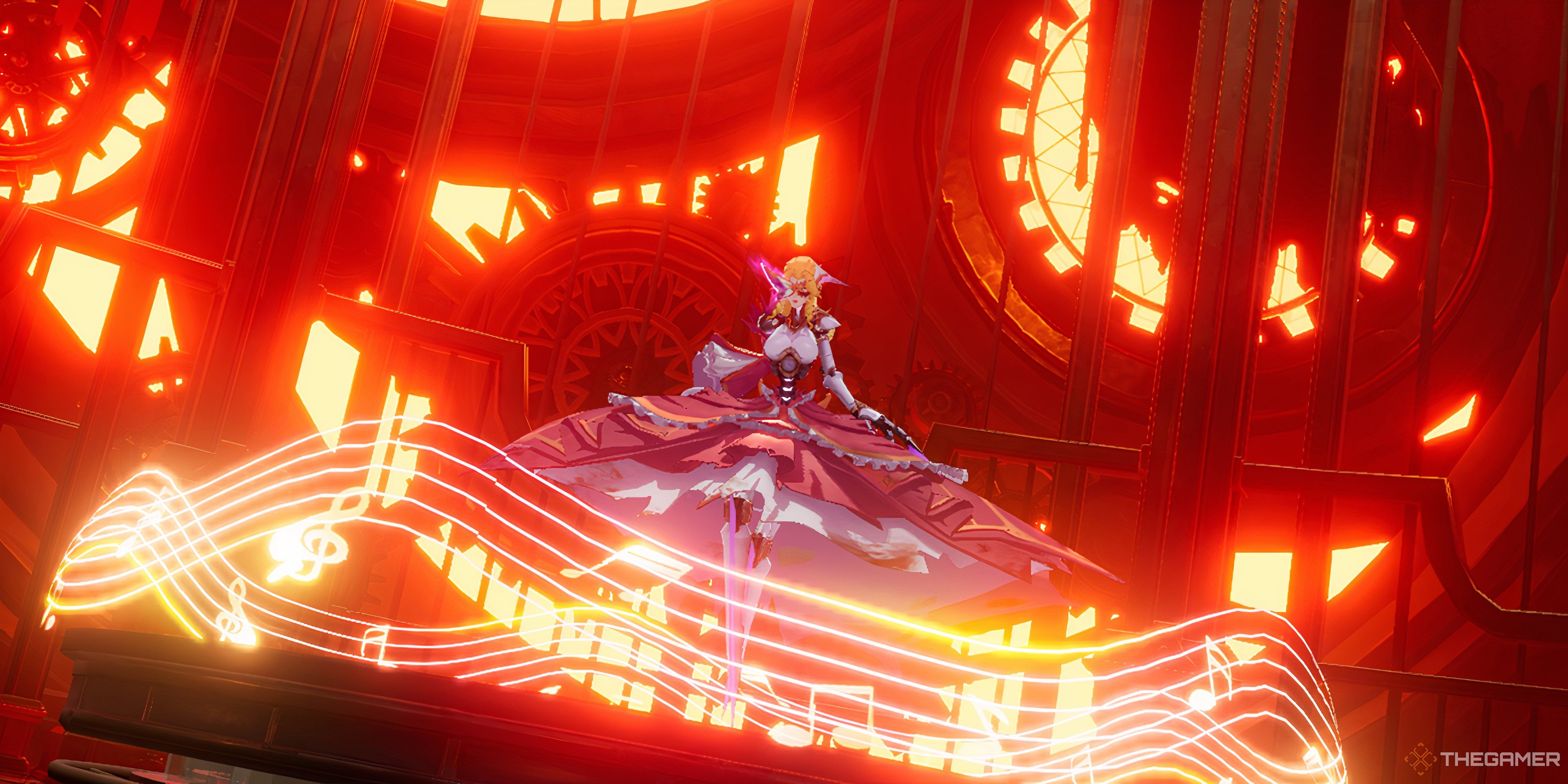 A character in Crystal of Atlan with orange and red musical notes around her. Behind her is orange glowing gears.