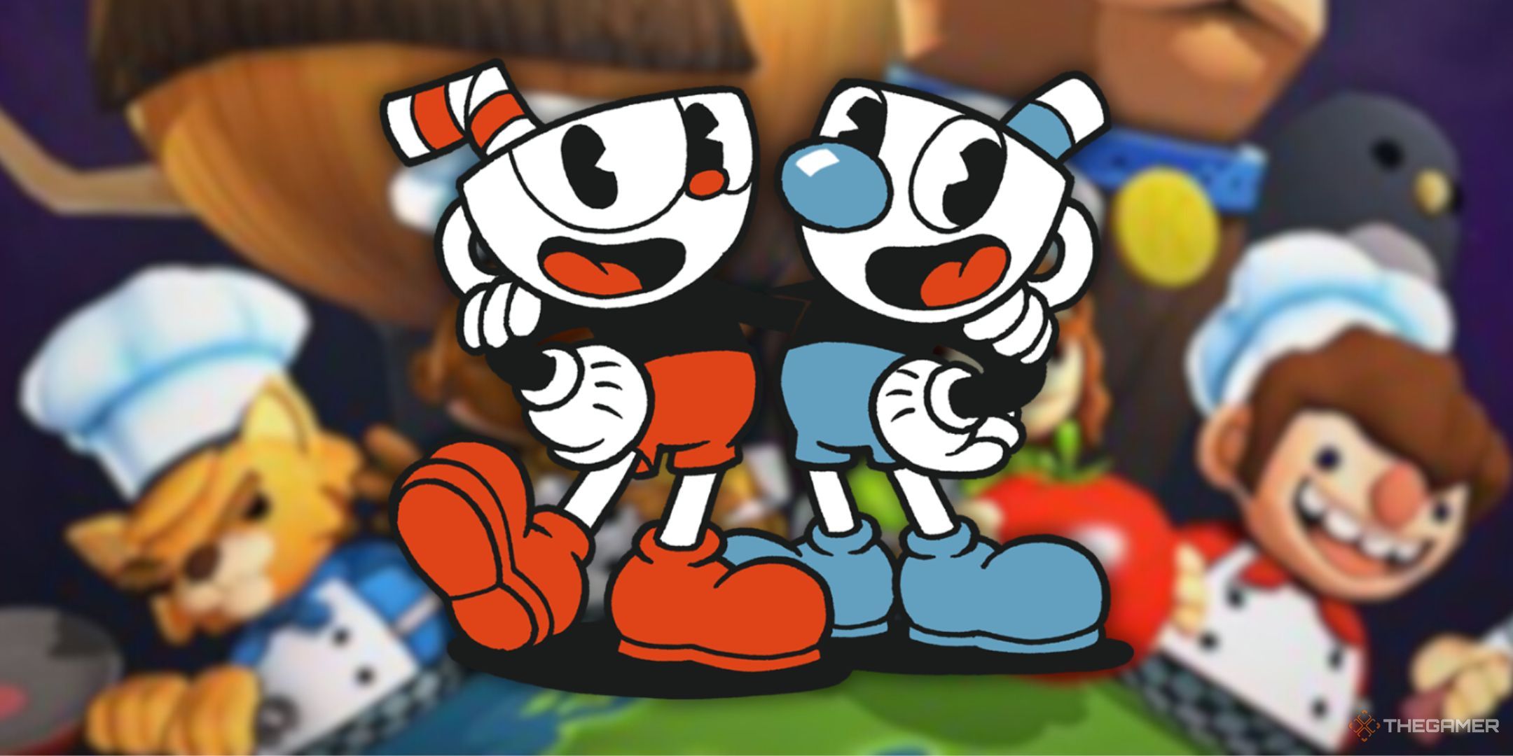 Cuphead and Mugman stood together with a blurred promo image of Overcooked behind them.