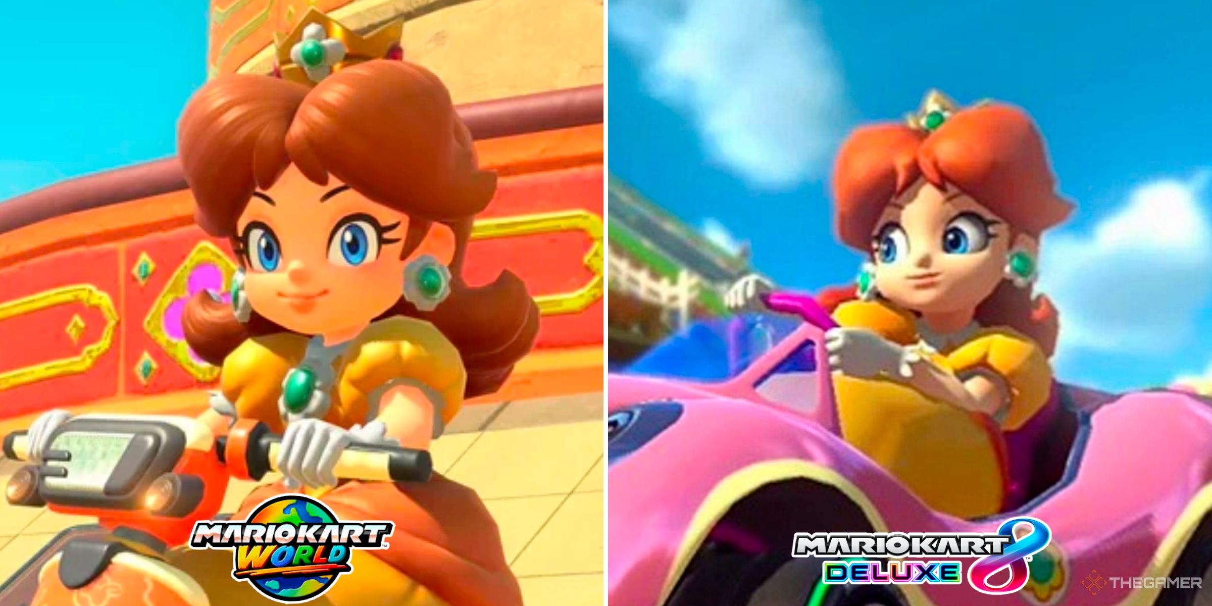 Daisy in Mario Kart World next to Daisy in Mario Kart 8 Deluxe.