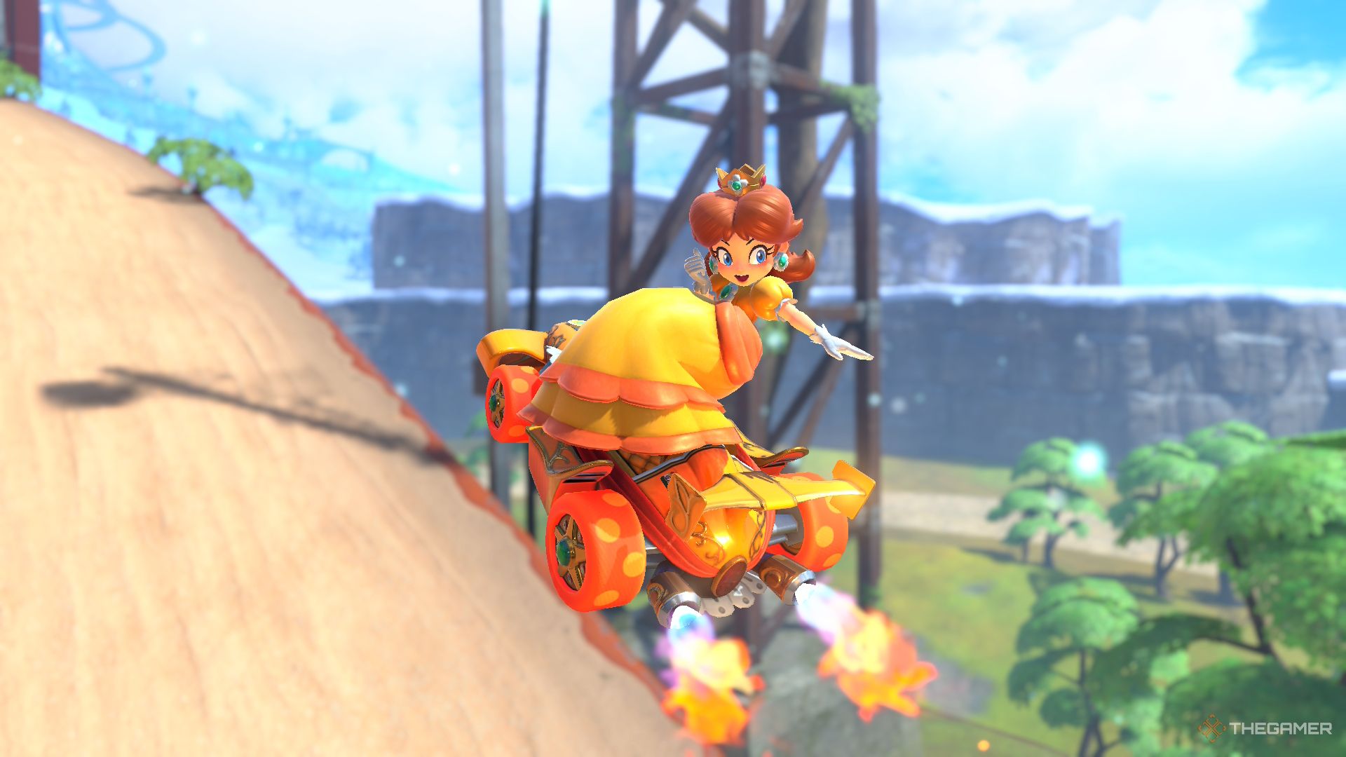 Daisy posing after a jump in Mario Kart World