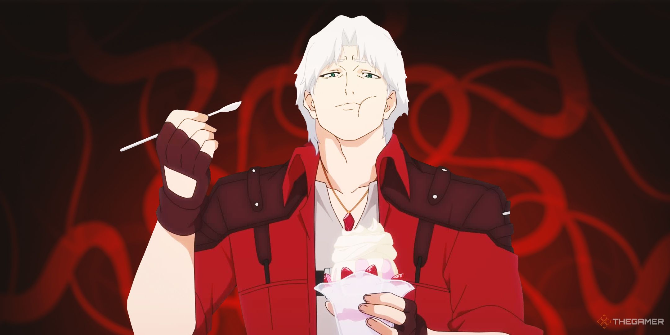 Dante from the Devil May Cry Netflix anime eating ice cream over a swirling red background.