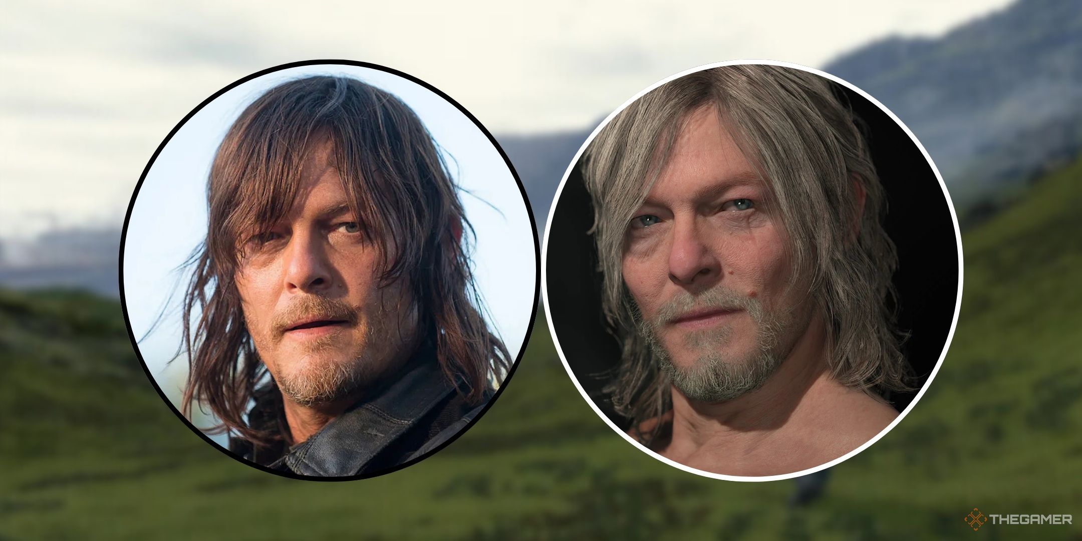Daryl Dixon and Sam Porter in circles with a grassy background.