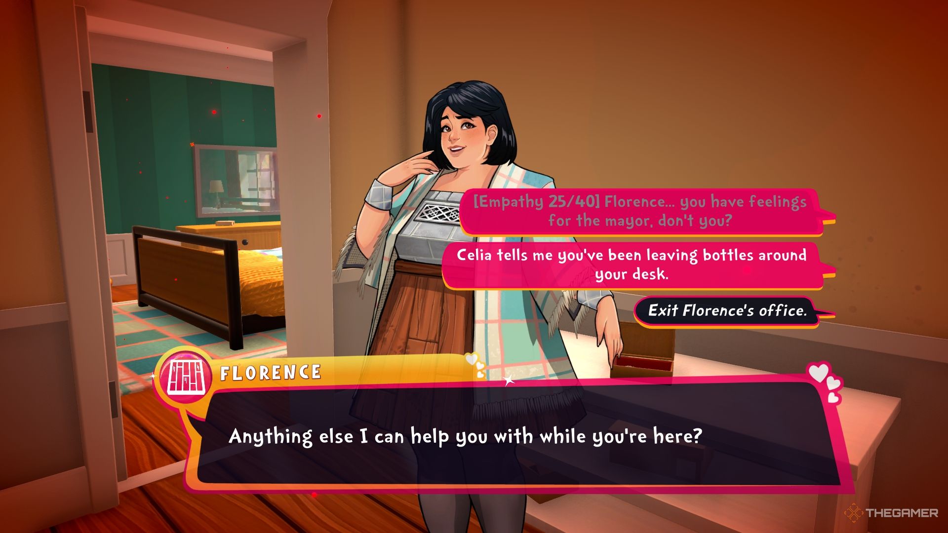 Asking Florence about the bottles on her desk.
