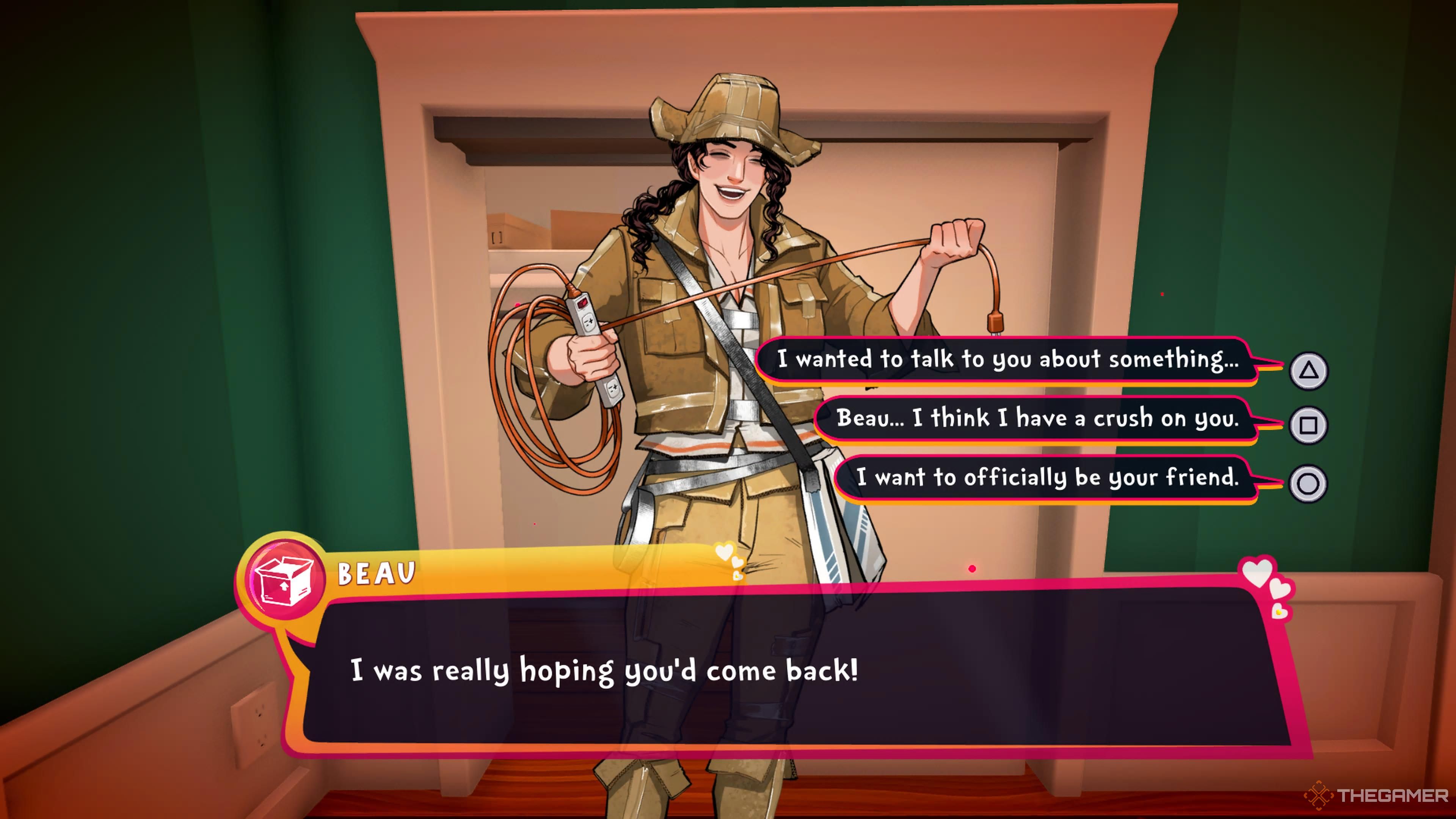 Beau speaking with you after completing her quest in Date Everything.