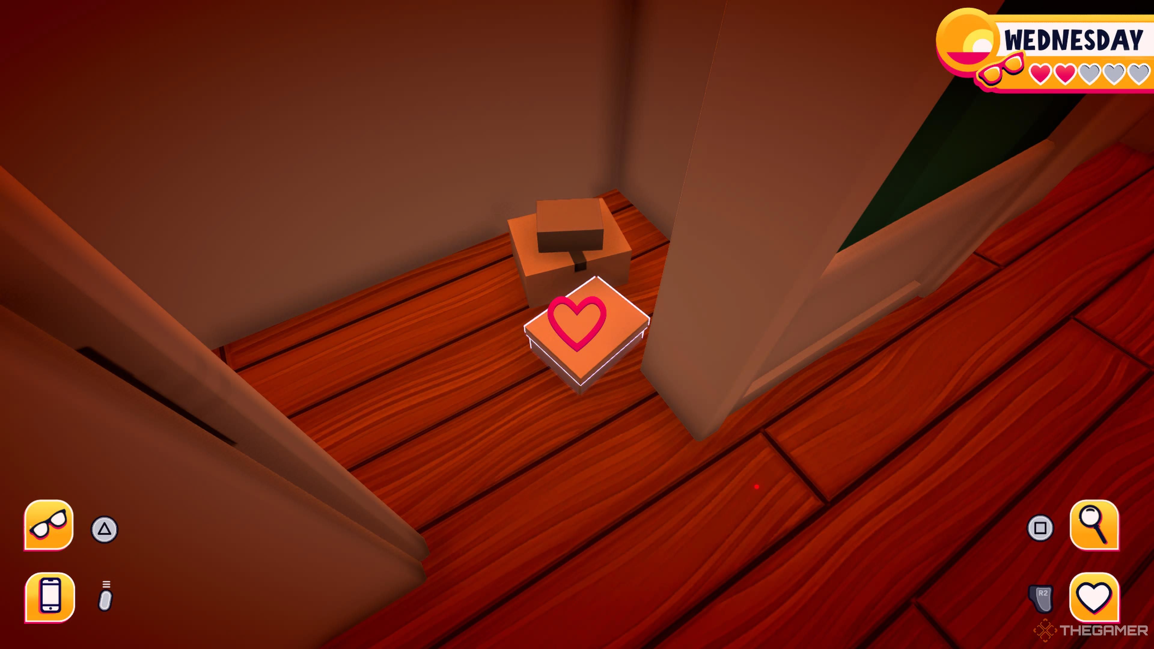The player aiming at a box inside a wardrobe in Date Everything.