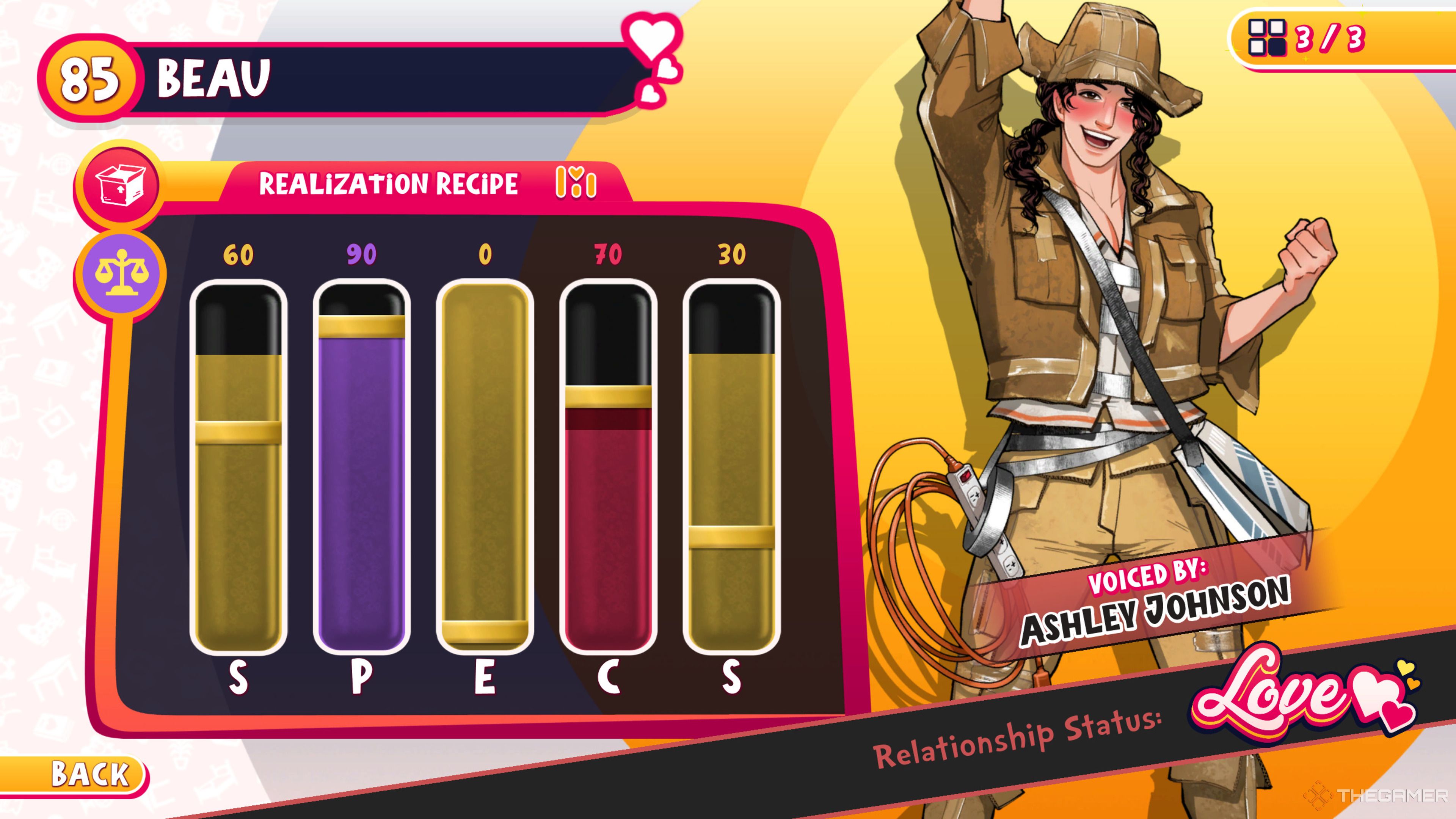 The Relization Recipe menu with the required SPECS for Beau in Date Everything.