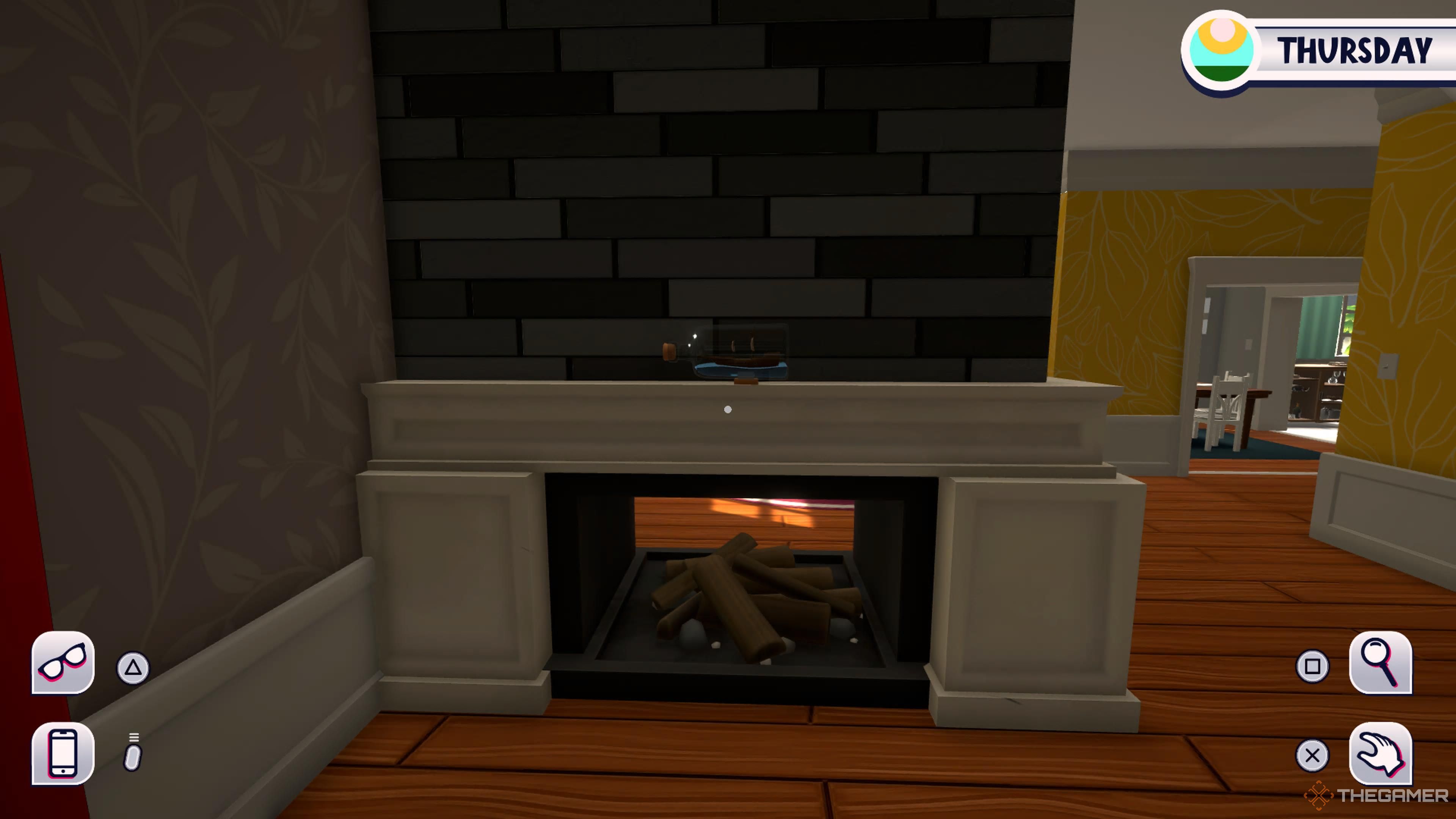 Looking at a chimney and a small ship inside a bottle in Date Everything.