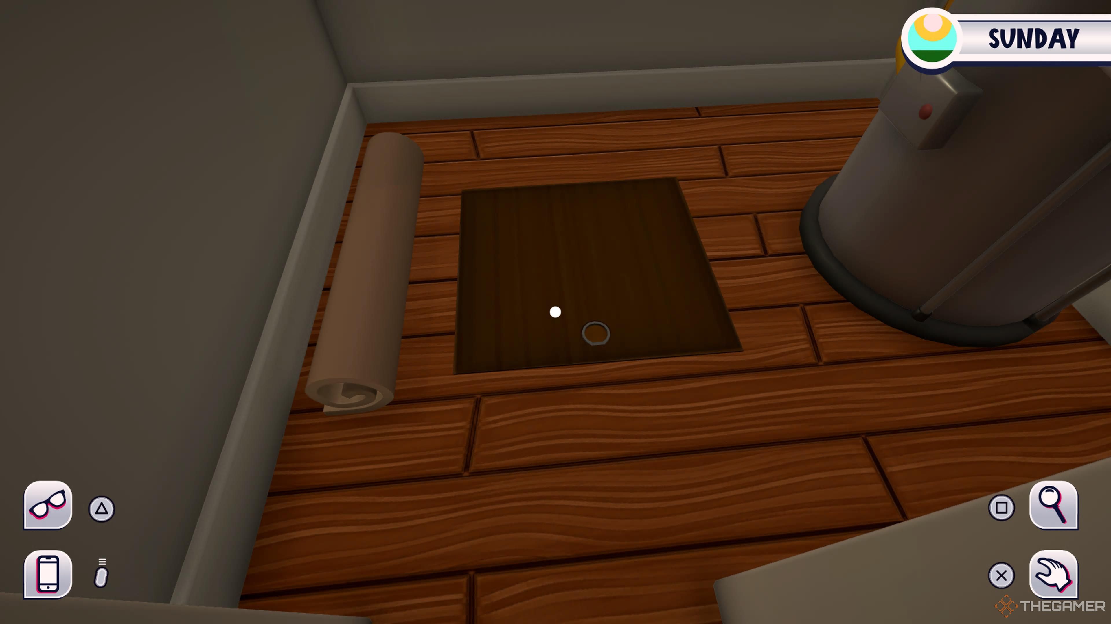 Looking at a trap door on the floor in Date Everything.