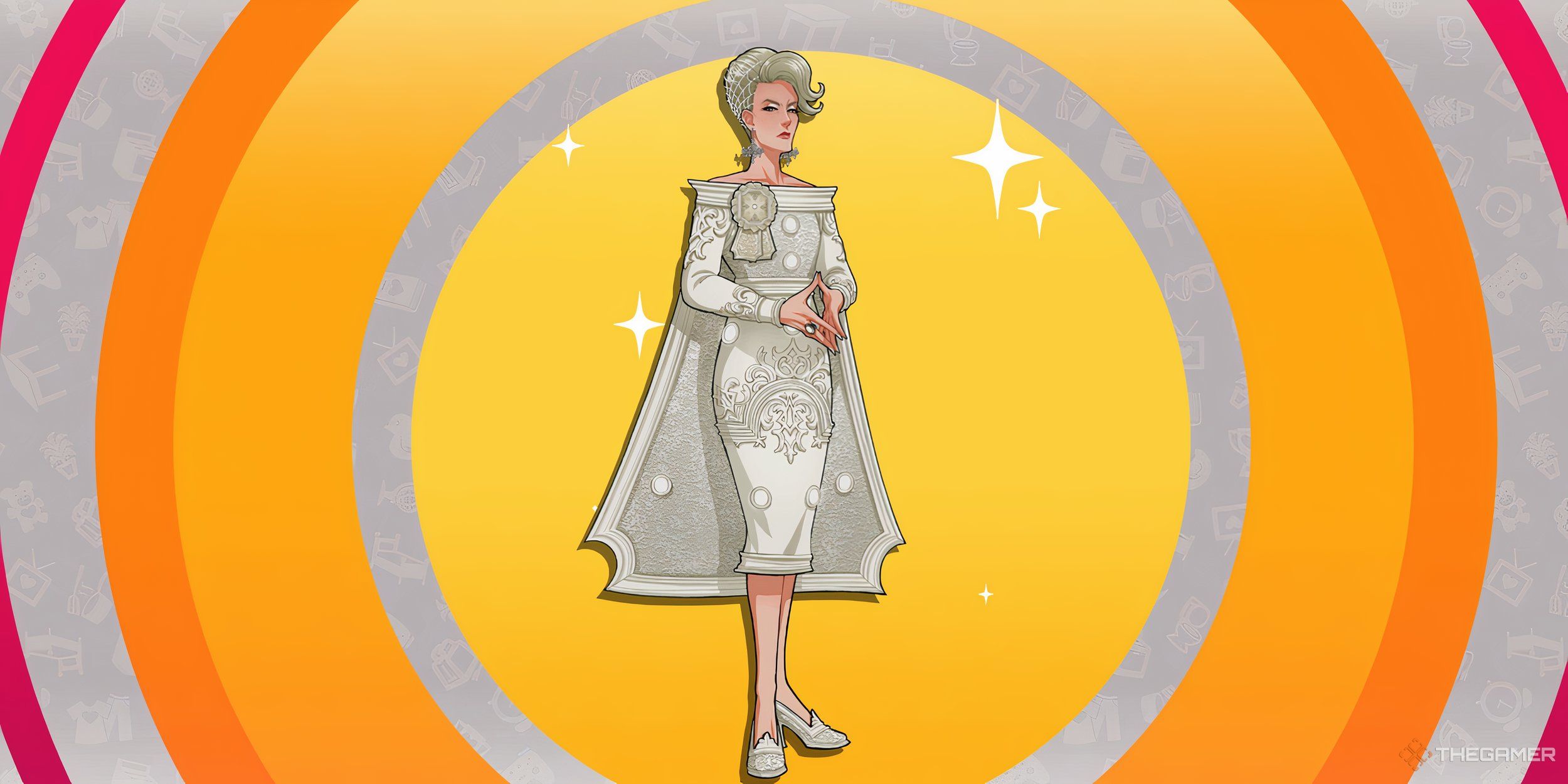 Celia on an orange and silver circle background.