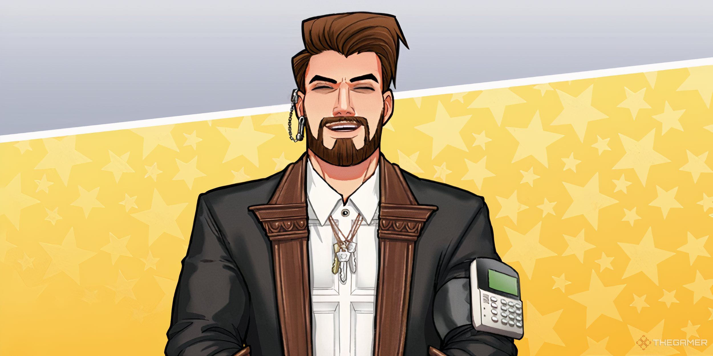 Close up of Dorian on a starry banner.