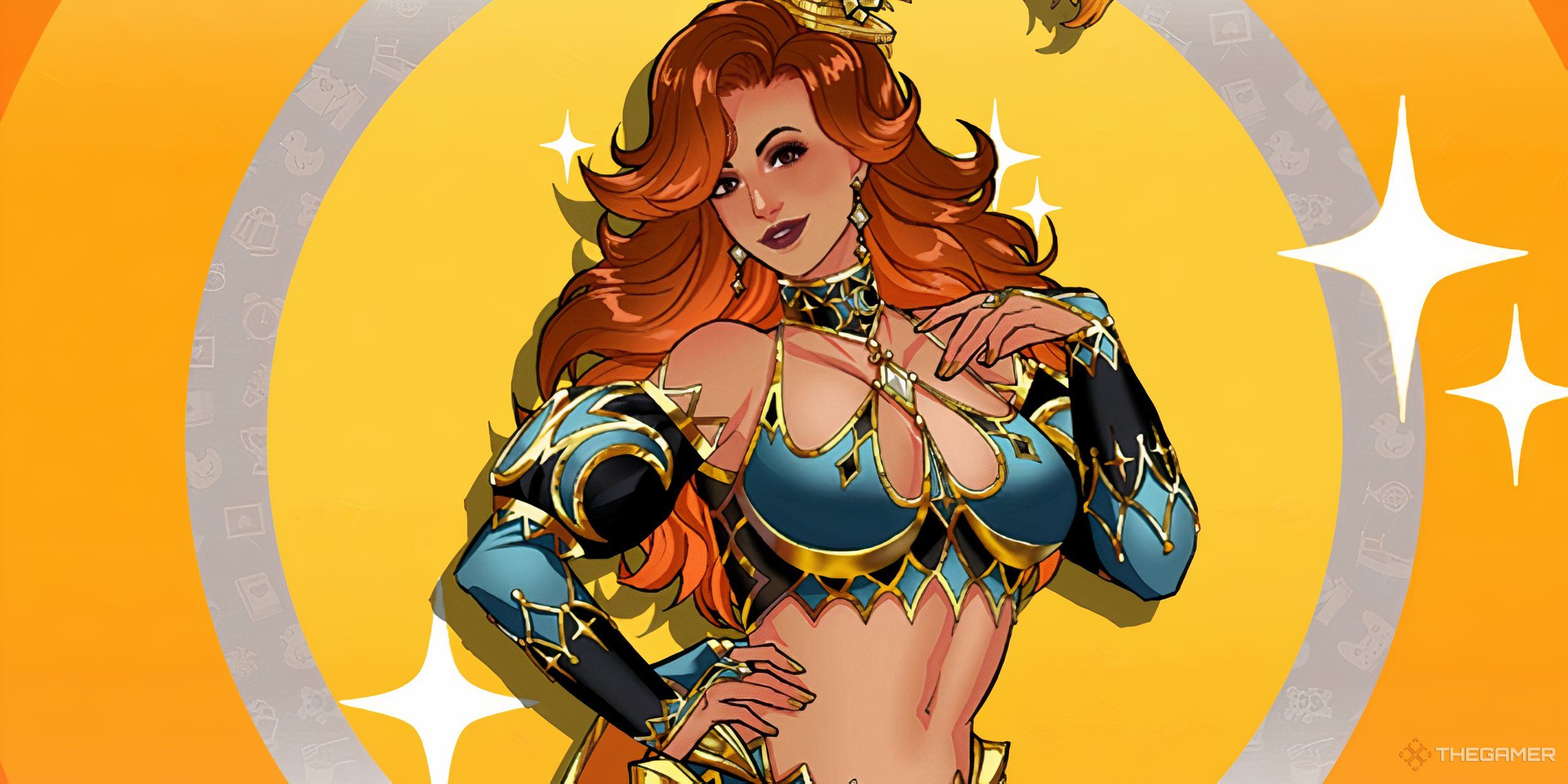 Close up of Lucinda on a starry banner.