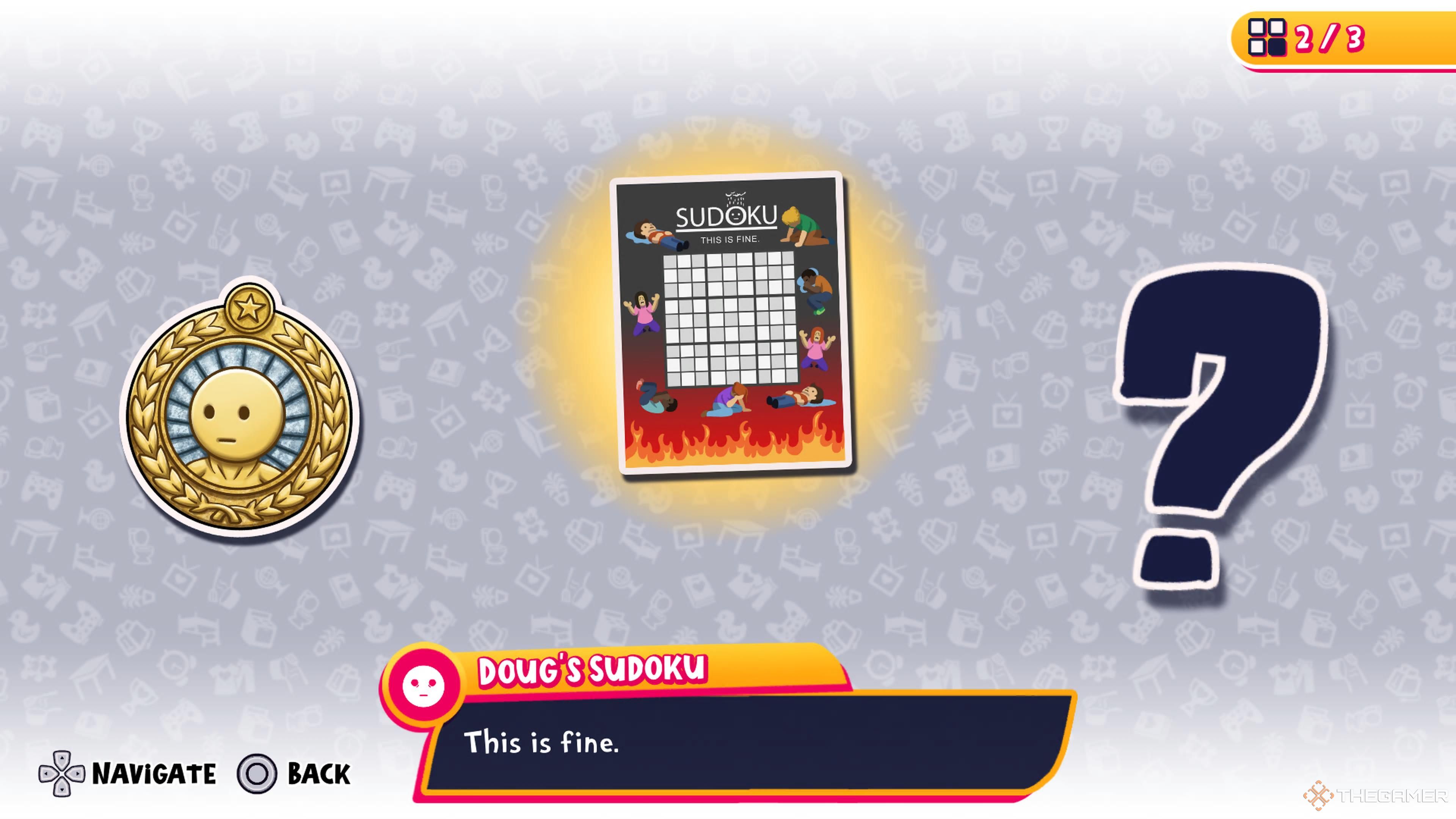 The collectables window for Doug in Date Everything, showing a medal with his face, a sudoku, and a question mark.