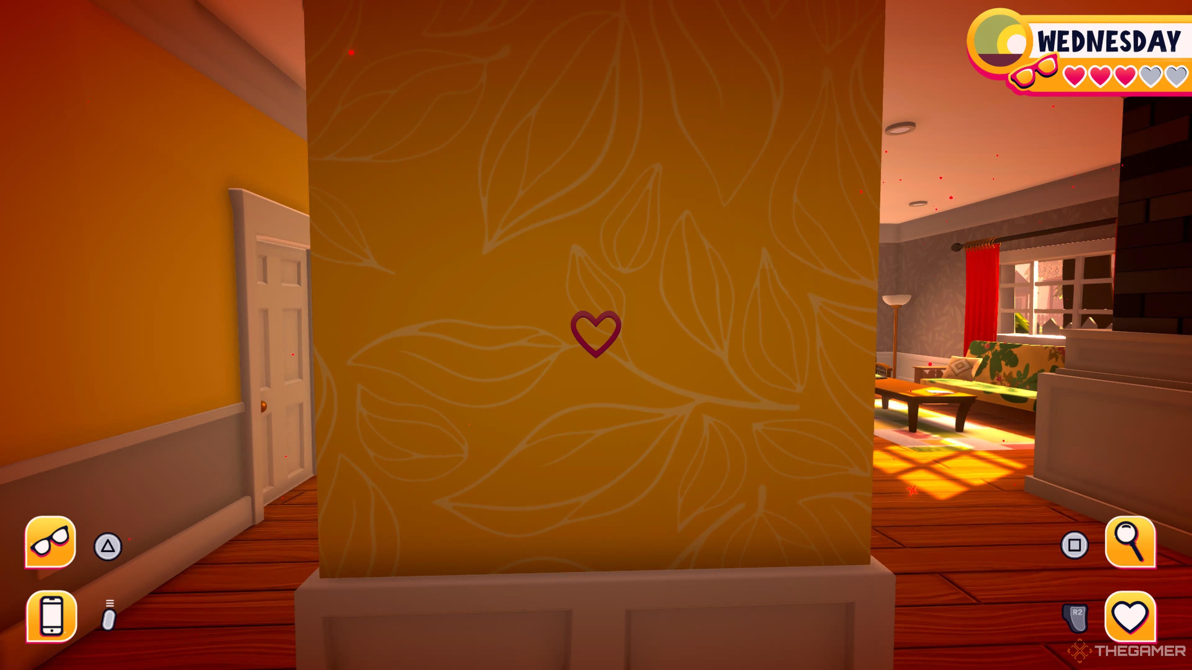 The player looking at an orange wall with a plant pattern in Date Everything.