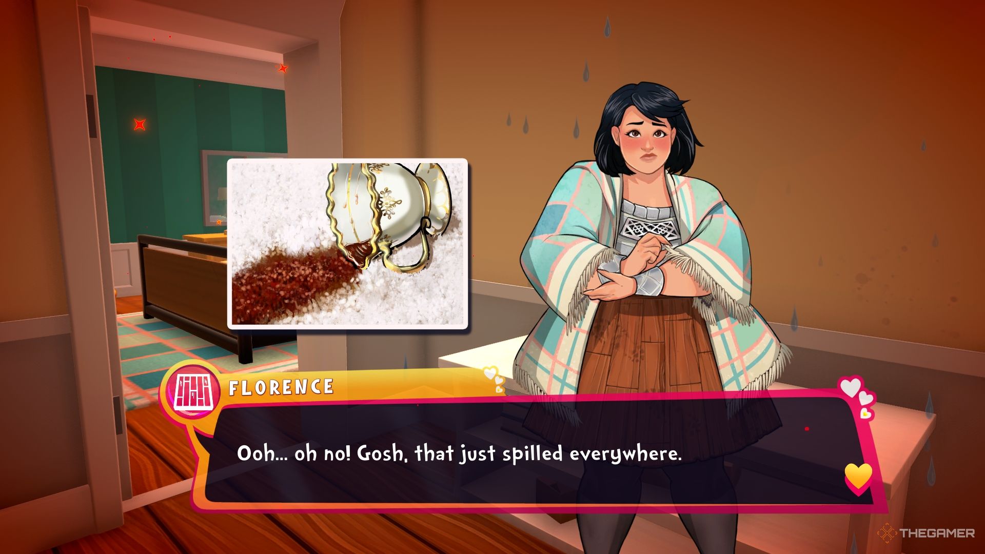 Florence spilling tea on the rug.