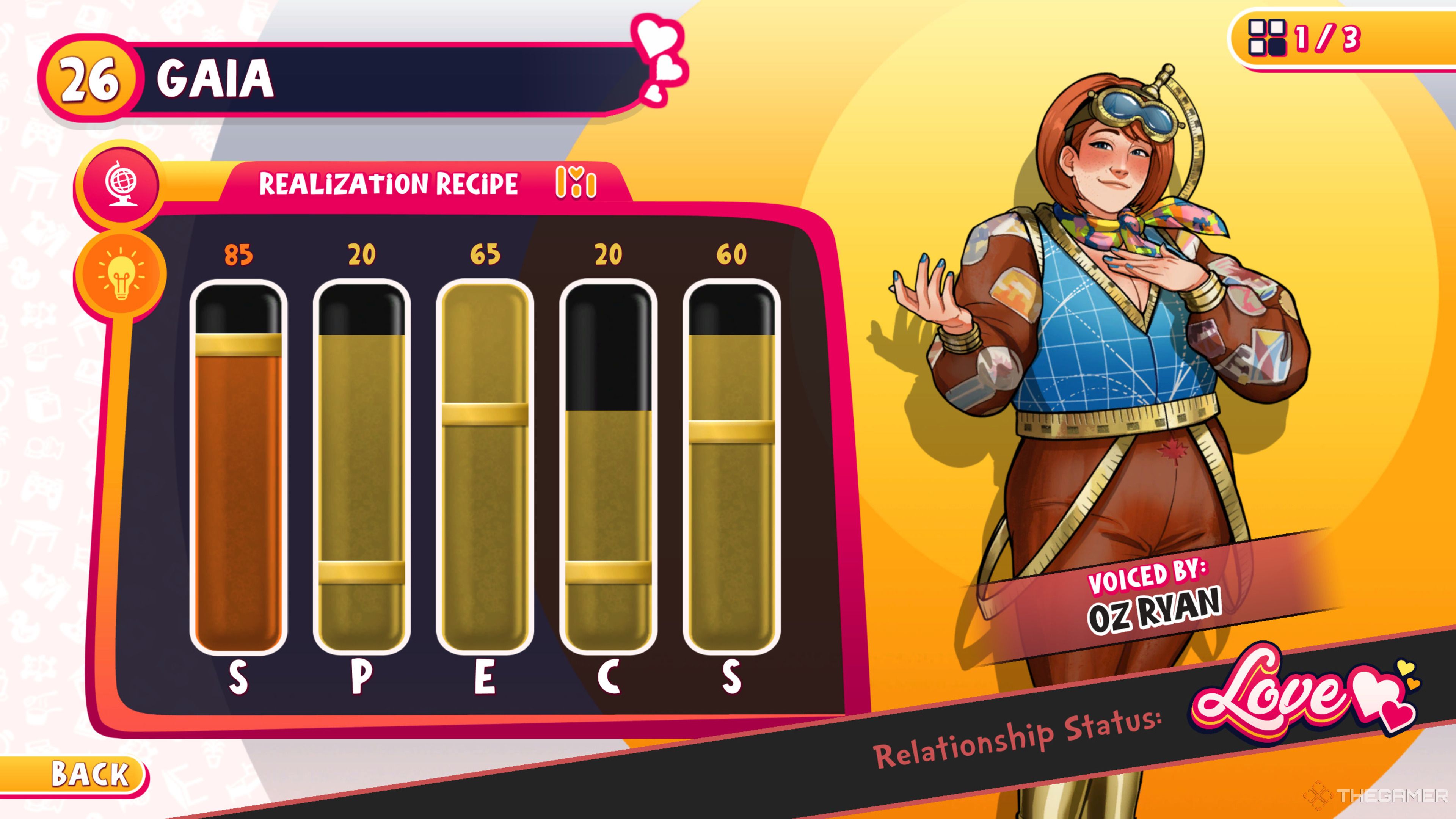 The realization recipe menu for Gaia in Date Everything.