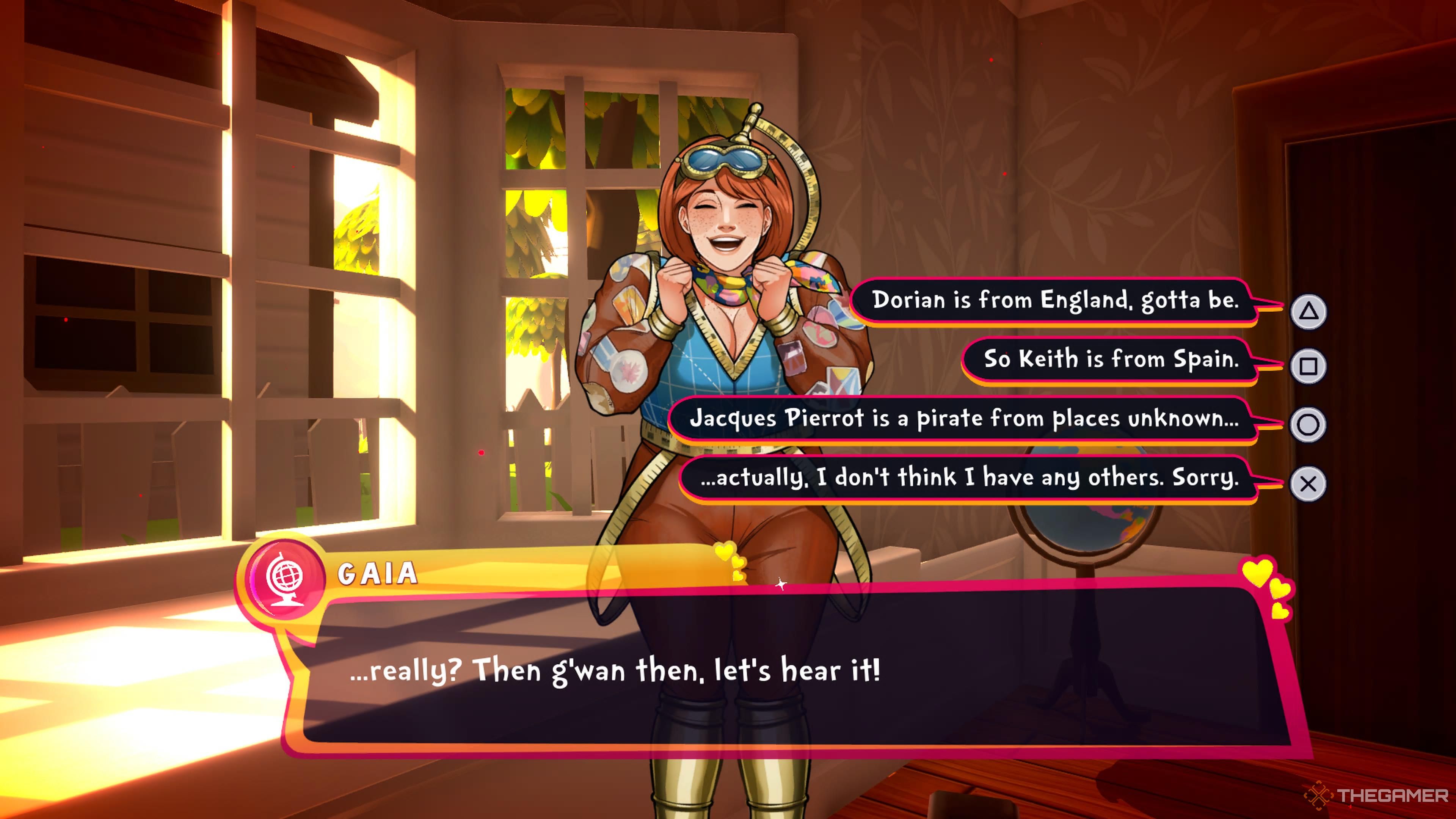 Gaia asking you to tell her about other characters in Date Everything.