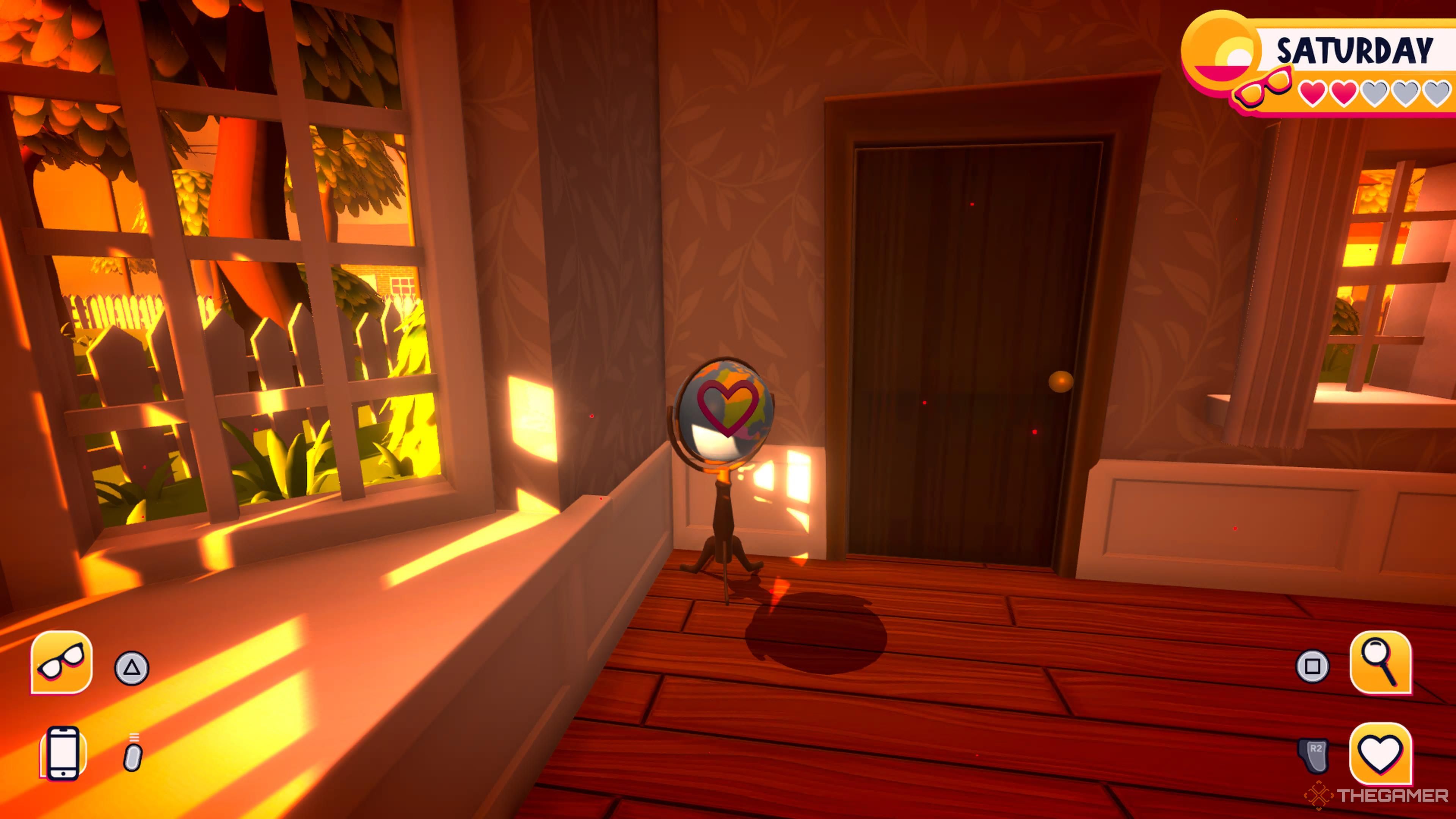 A globe standing next to a door in Date Everything.