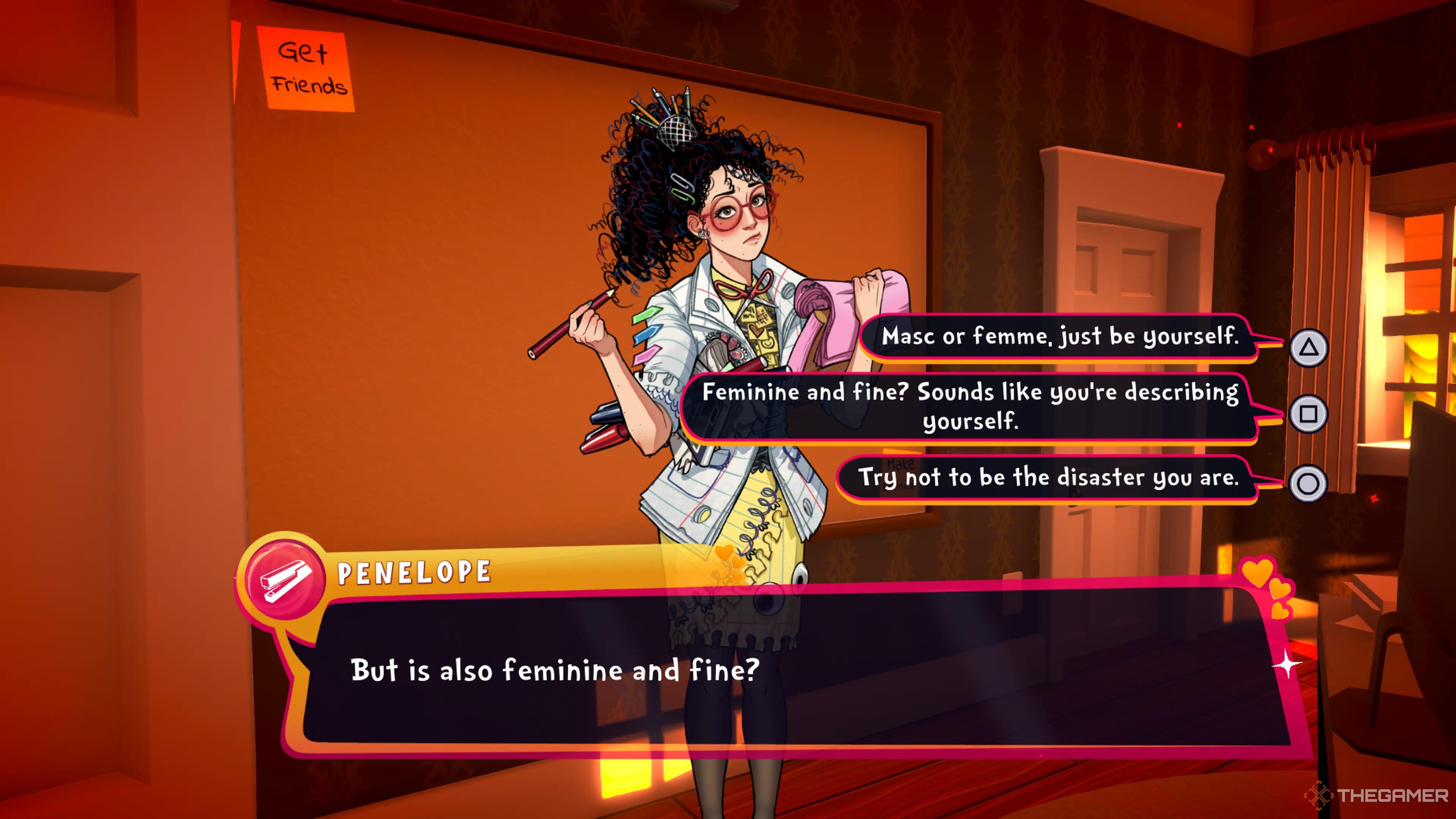Penelope asking for help with her face red in Date Everything.