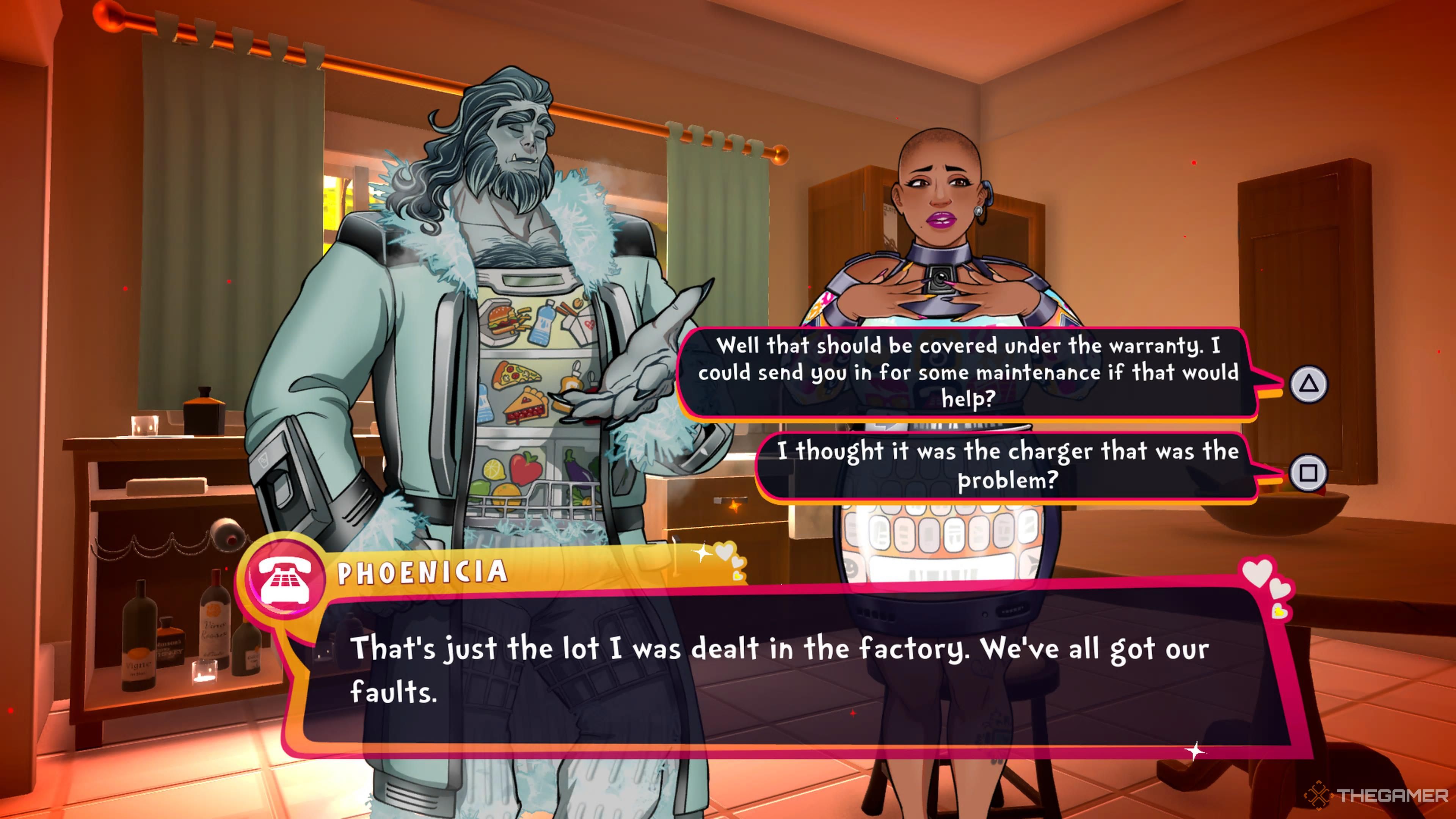 Speaking with Phoenicia about her issues, with Freddy giving a hand, in Date Everything.