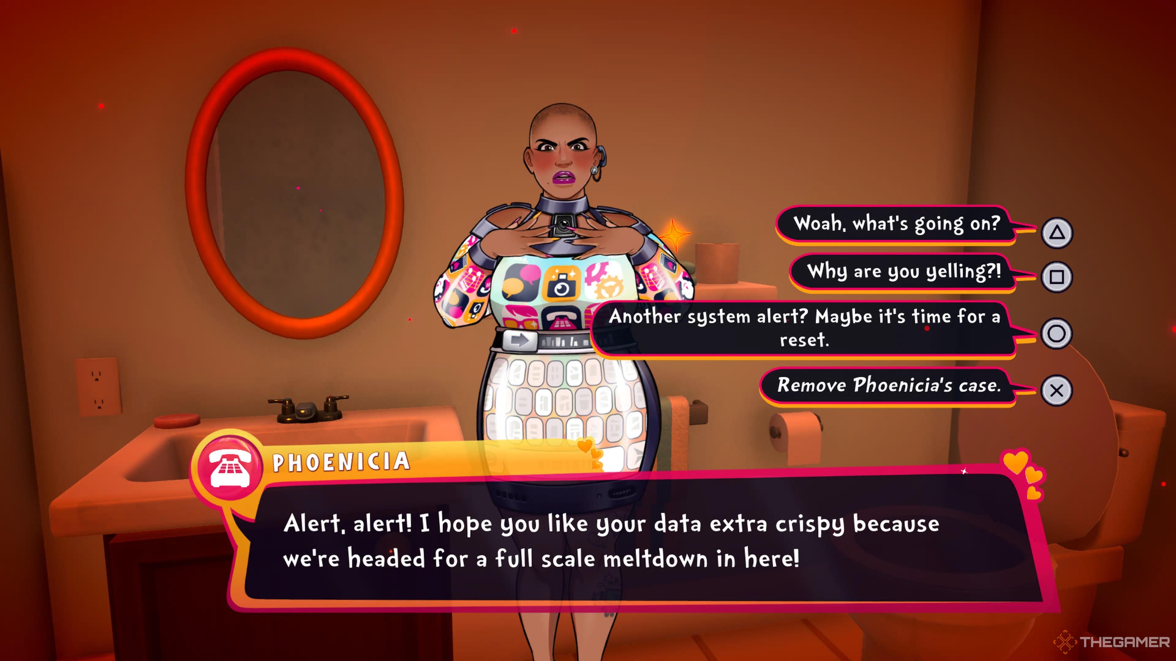 Phoenicia having an overheat moment and your possible dialogue choices in Date Everything.