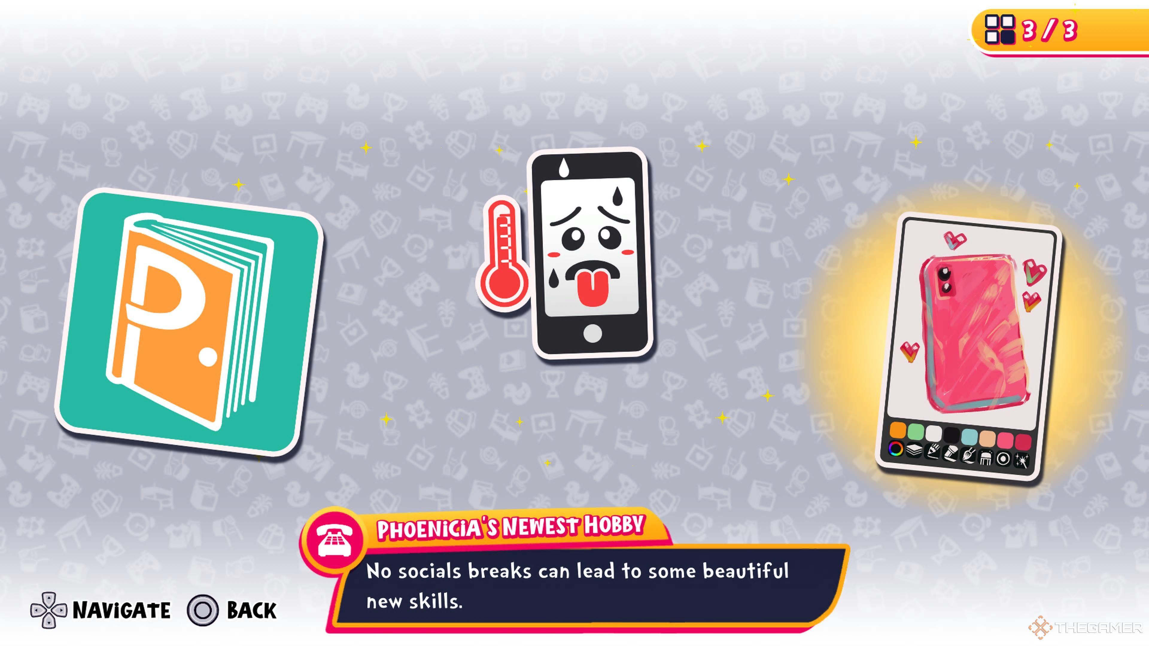 The collectables screen for Phoenicia in Date Everything, showing an icon of a phone app, a cellphone overheating, and the drawing of a cellphone.
