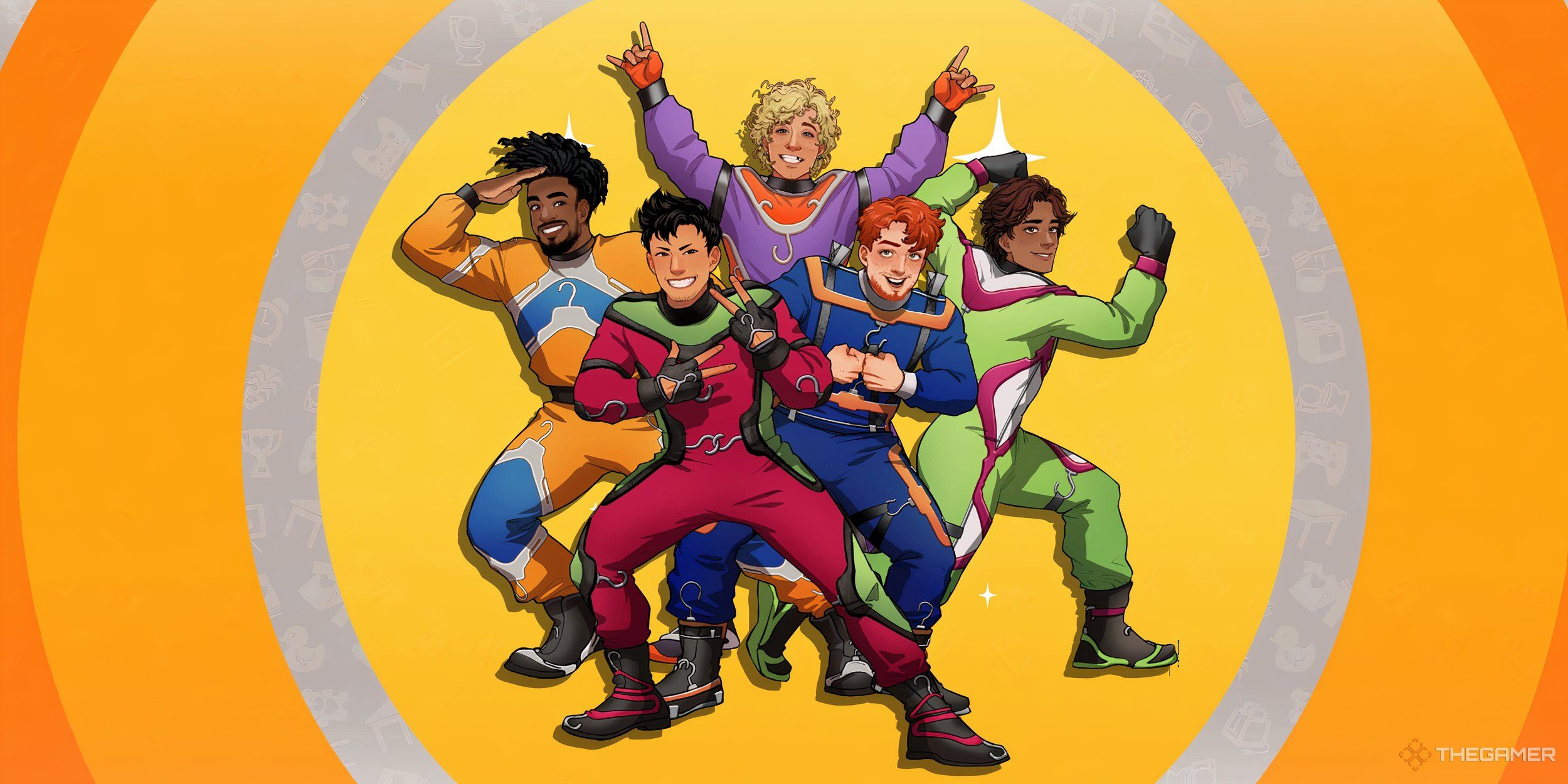 The Hanks in colorful jumpsuits on an orange background with a silver circle.