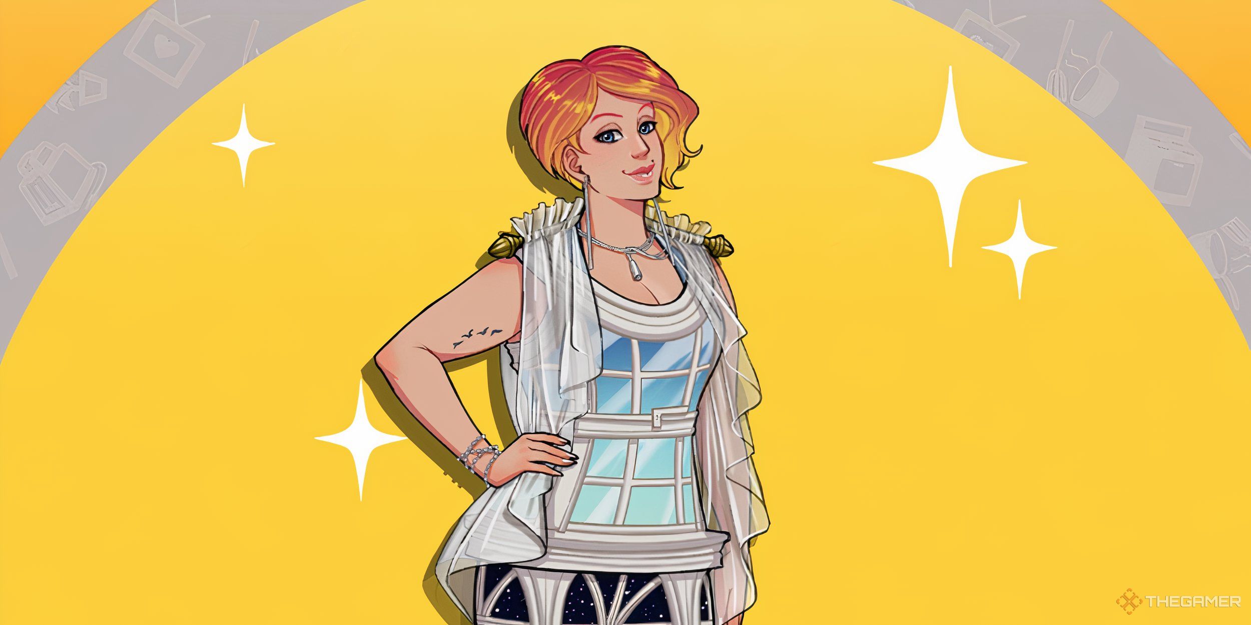 Wyndolyn on a yellow and silver circle background.
