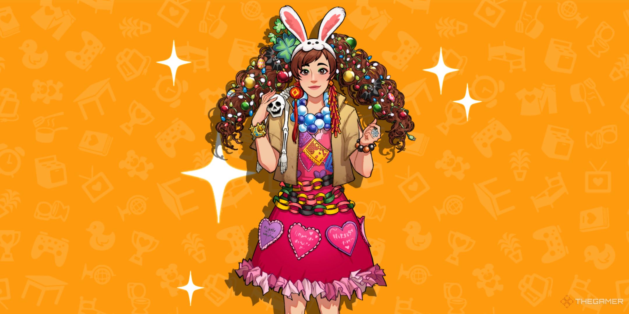 Holly posing on an orange background in Date Everything!