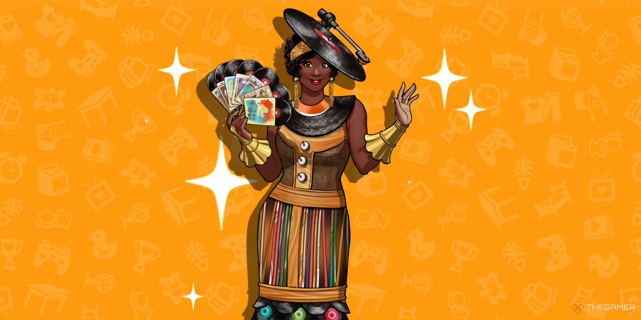 Rainey posing on an orange background in Date Everything!