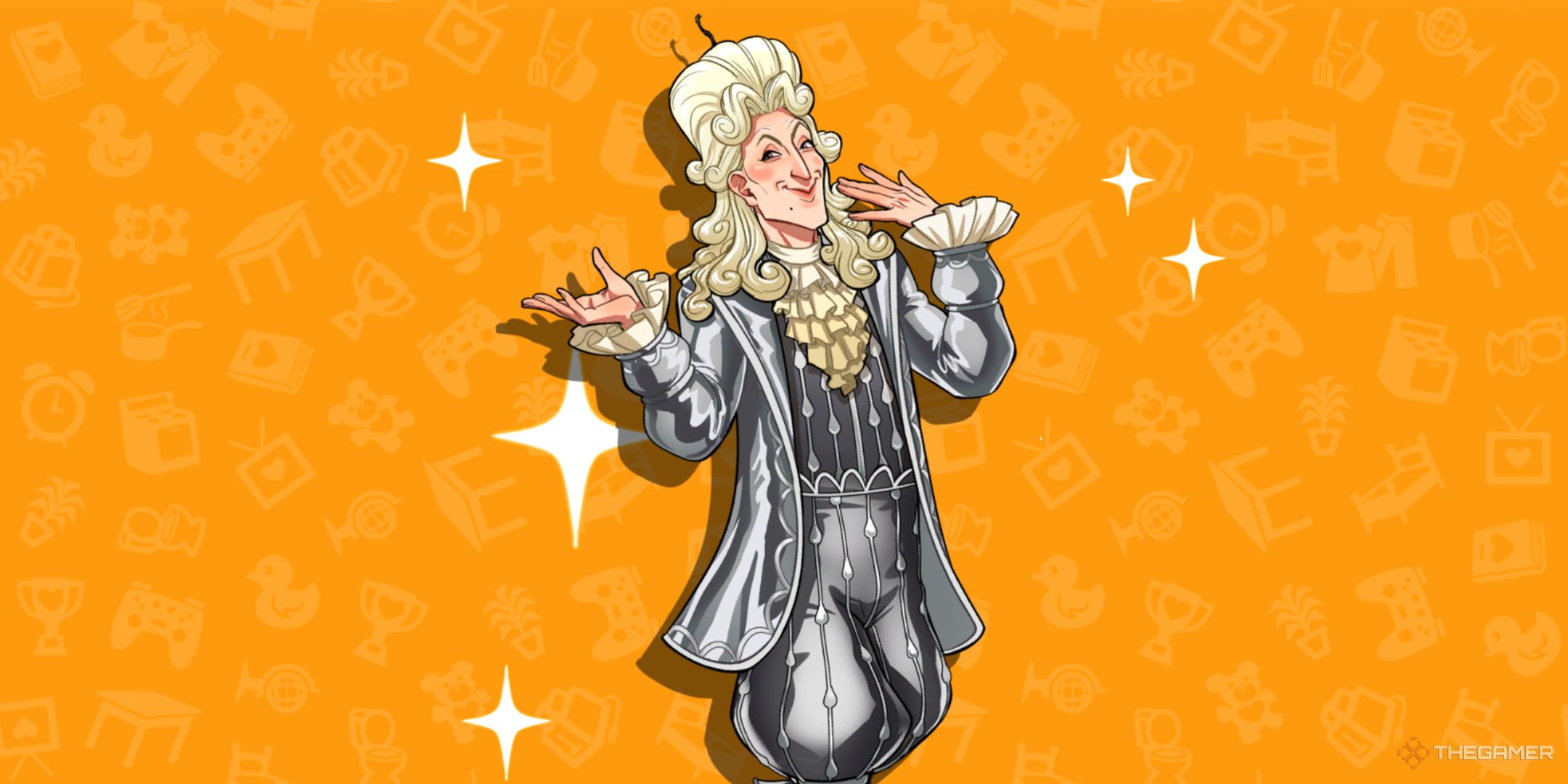 Scandalabra posing on an orange background in Date Everything!