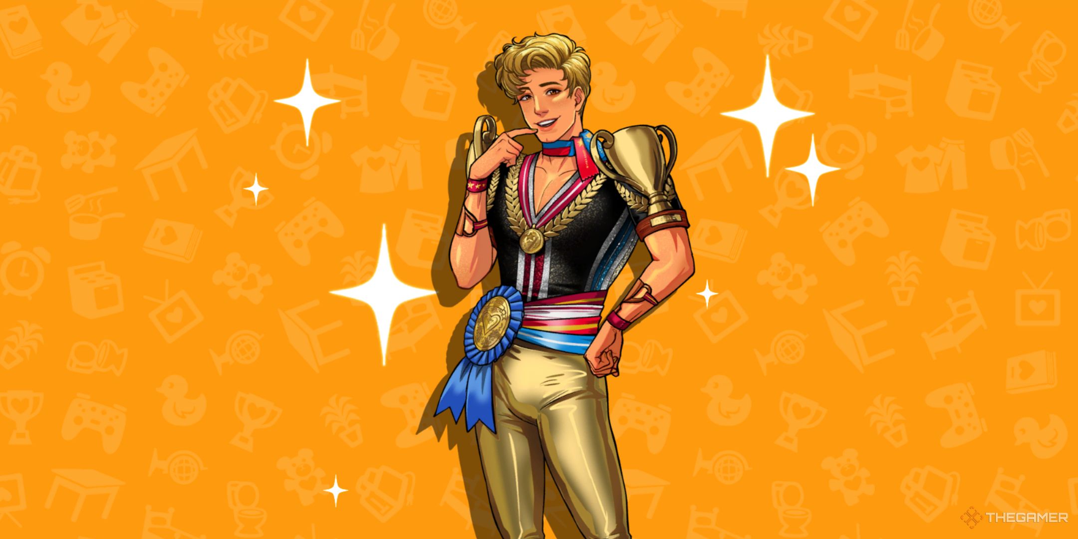Stepford posing on an orange background in Date Everything!