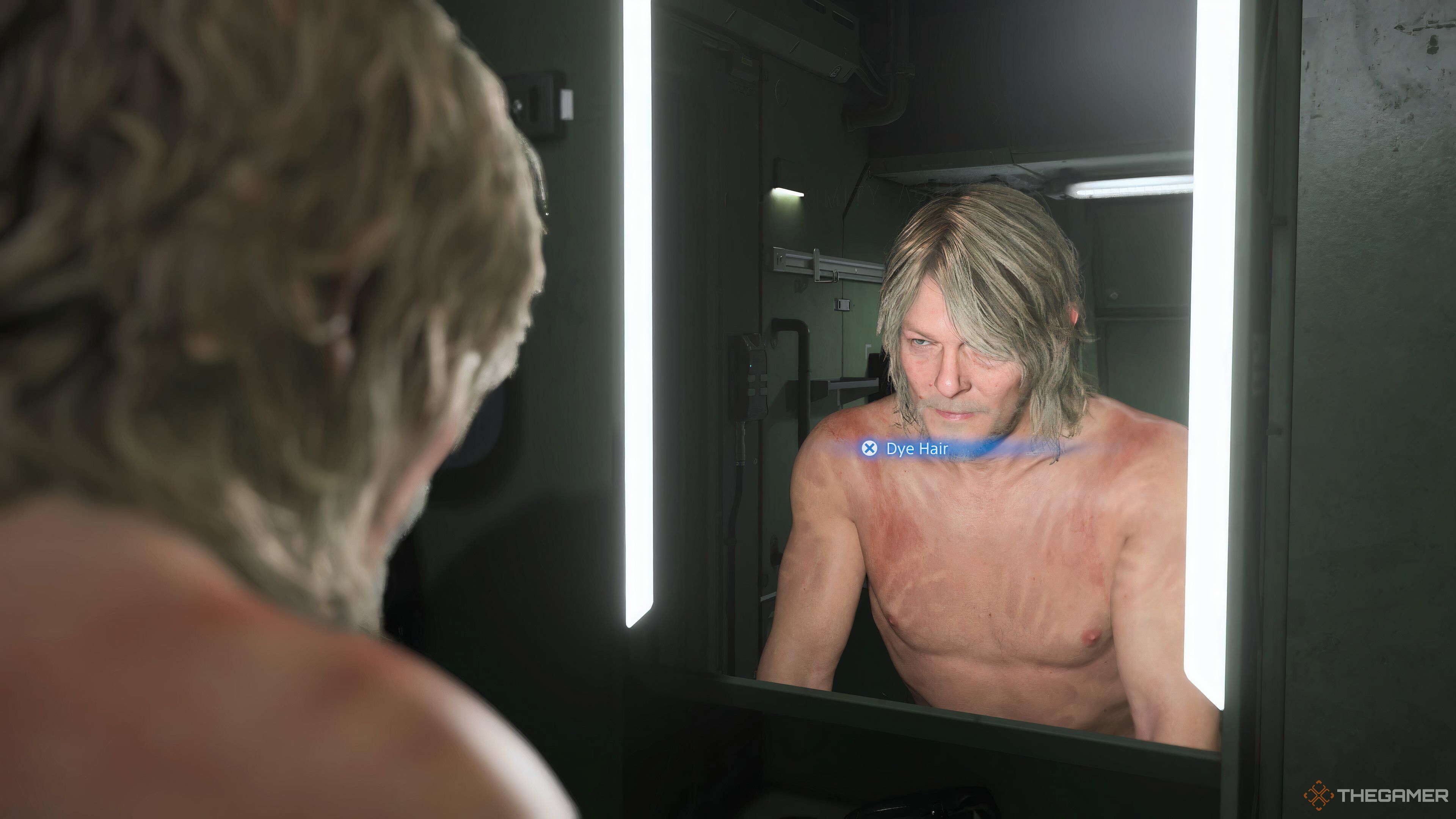 Sam about to dye his hair in the mirror in Death Stranding 2: On the Beach.