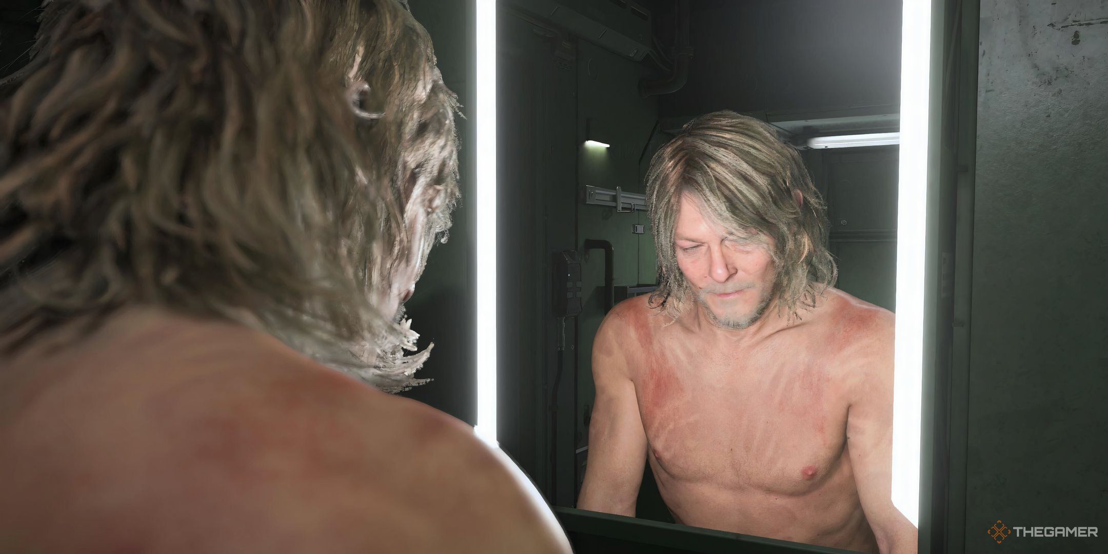 Sam Porter Bridges with grey hair looking into a mirror in Death Stranding 2.