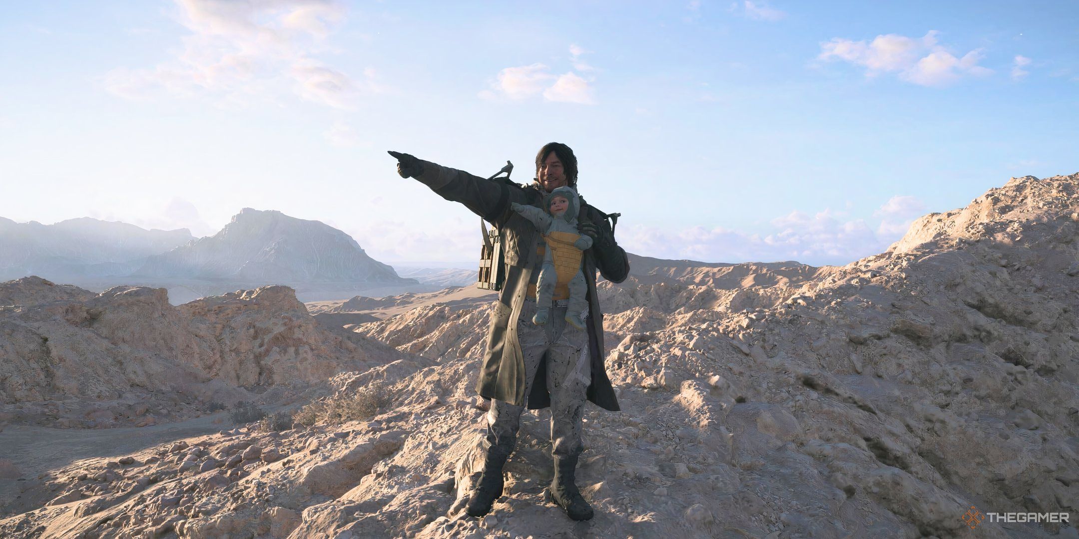 Sam wearing a coat while holding Lou in Death Stranding 2: On the Beach.